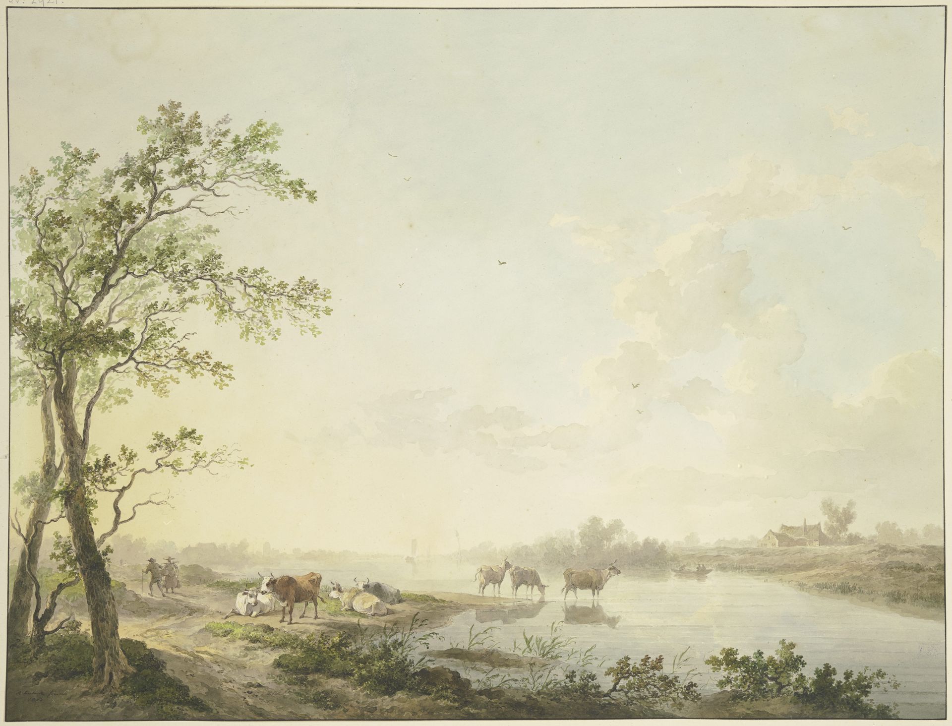 Nebliger Morgen an einem Flusse, am Ufer sieben Kühe, zum Teil im Wasser stehend by Abraham Teerlink