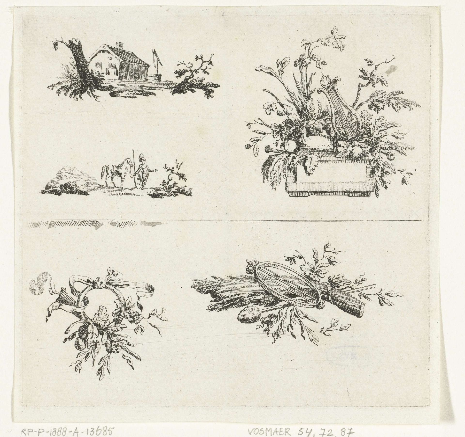 Blad met vijf vignetten by Willem Bilderdijk