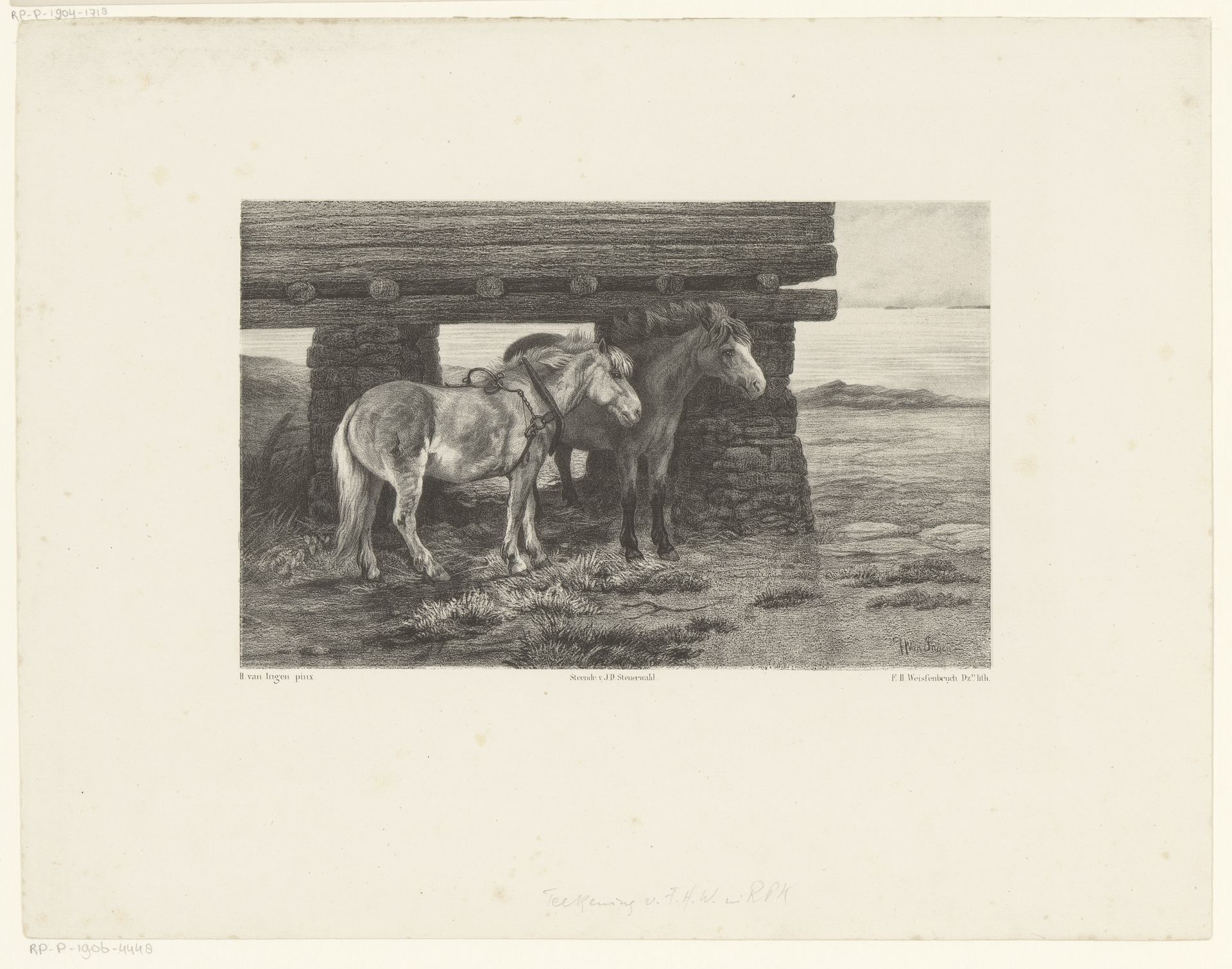 Twee paarden voor een schuur by Frederik Hendrik Weissenbruch