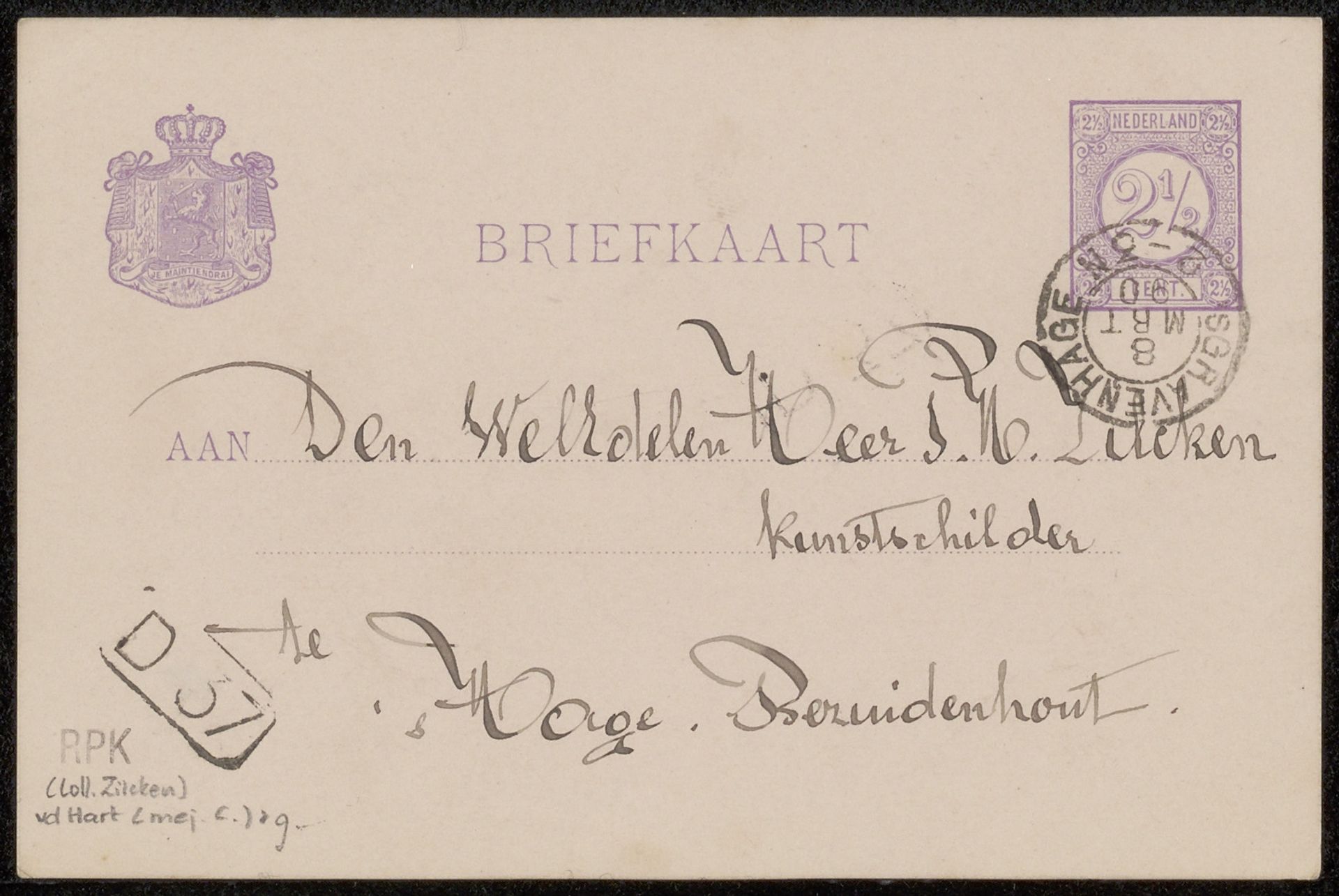 Briefkaart aan Philip Zilcken by Cornelia van der Hart