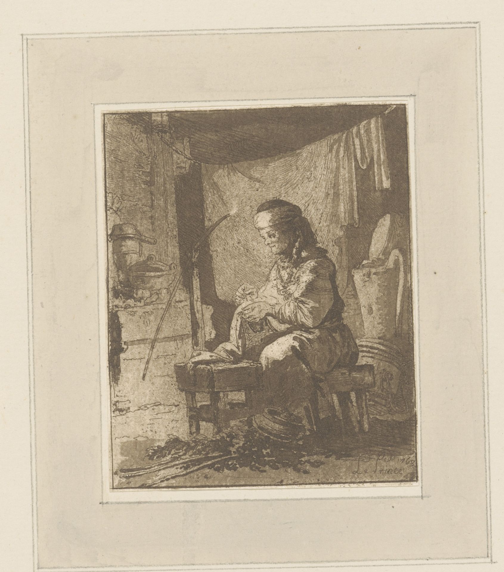 Boerin met naaiwerk in een interieur by Jean Baptist Leprince