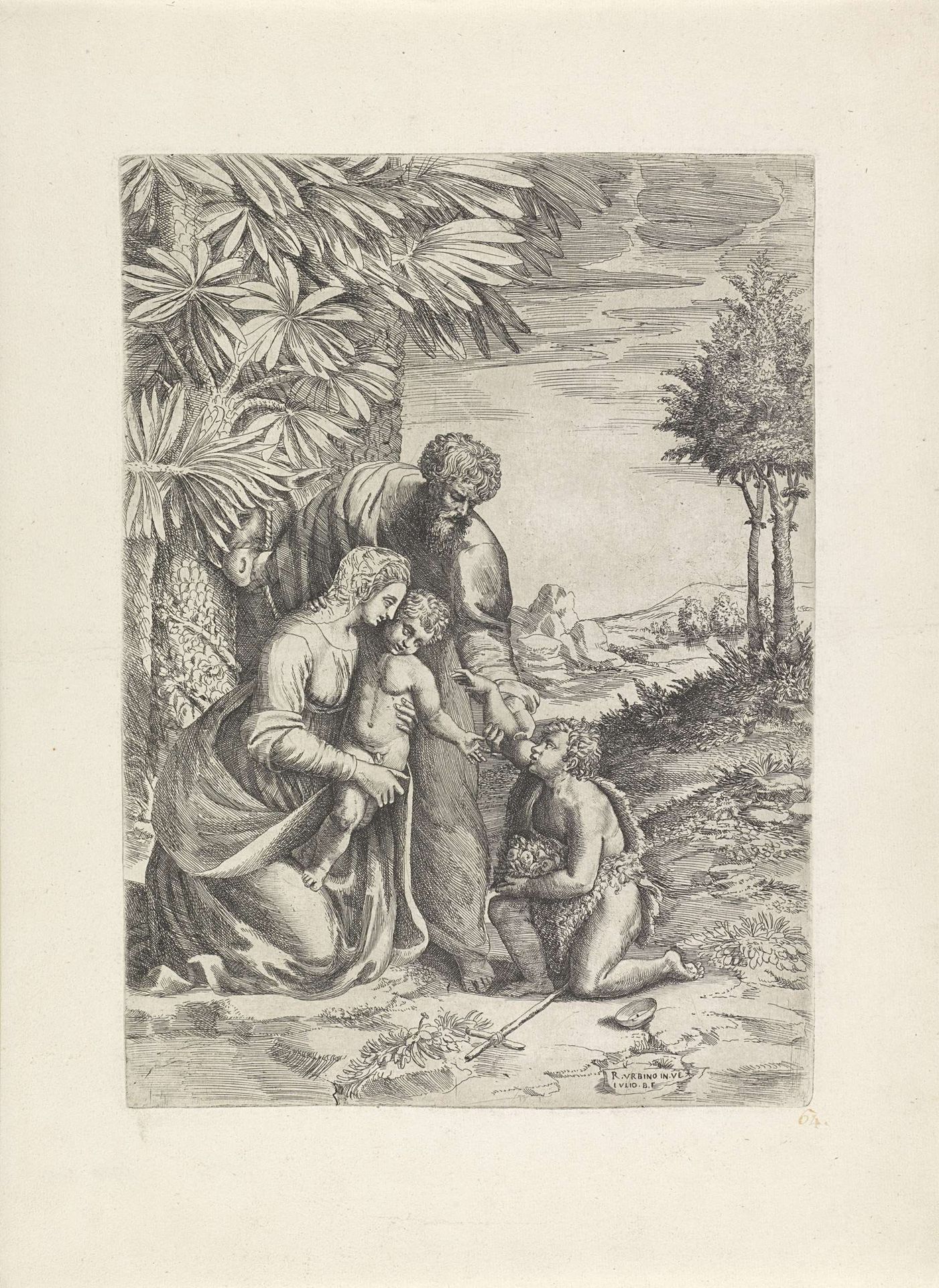 Heilige Familie en de jonge Johannes de Doper bij een palmboom by Giulio Bonasone