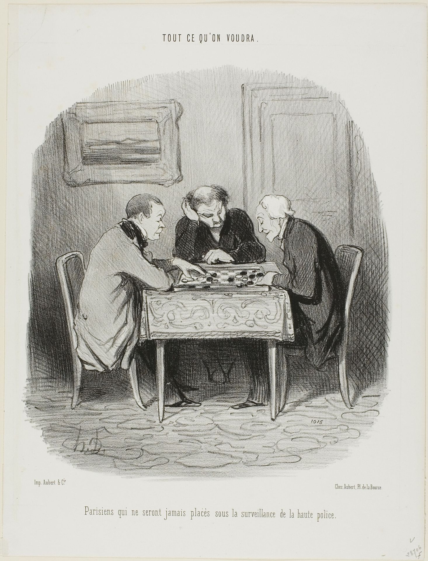 Parisians who will never be placed under surveillance of the secret police, plate 12 from Tout Ce Qu'on Voudra by Honoré Daumier