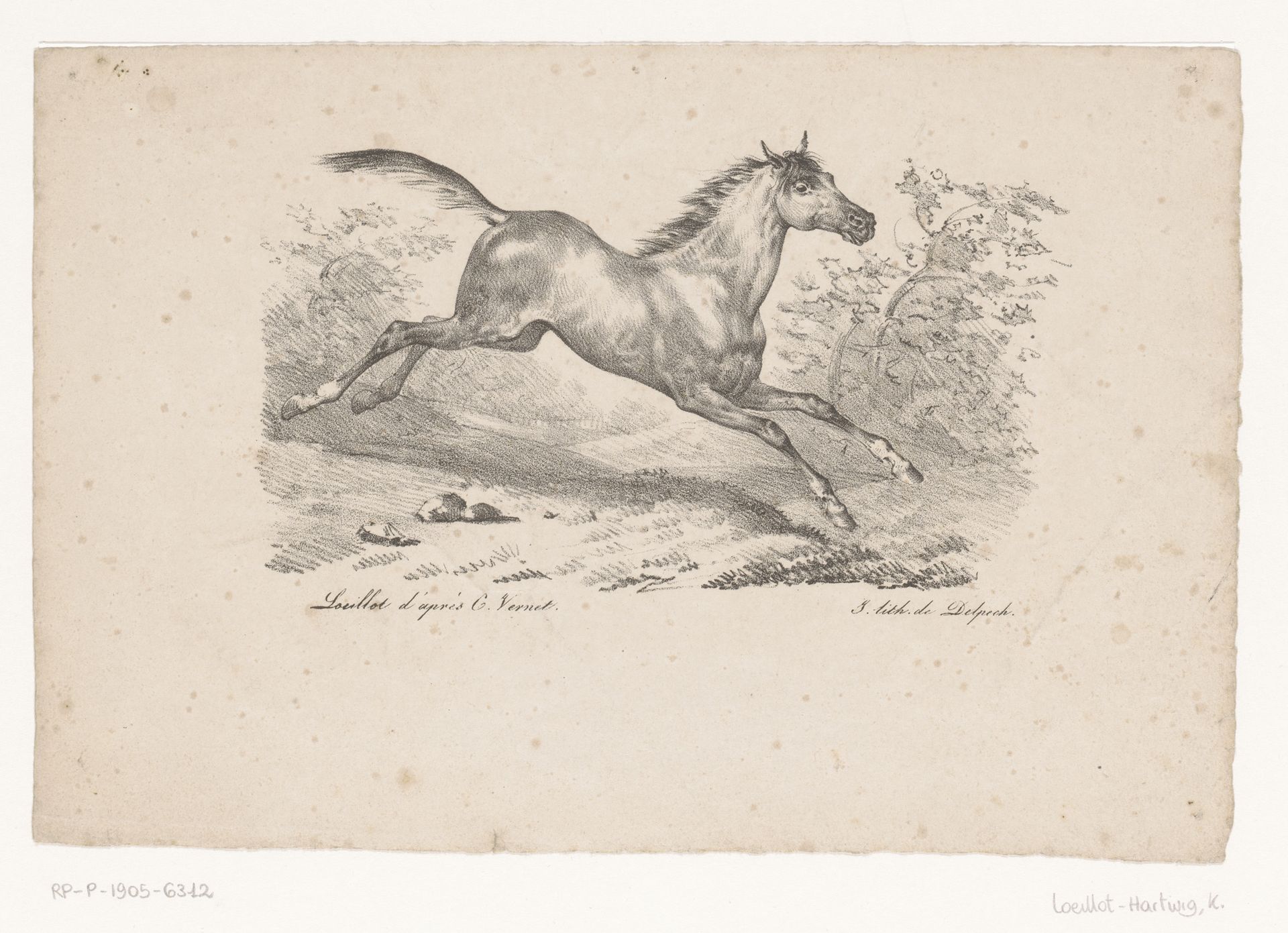 Galopperend paard in landschap by Karl Loeillot-Hartwig