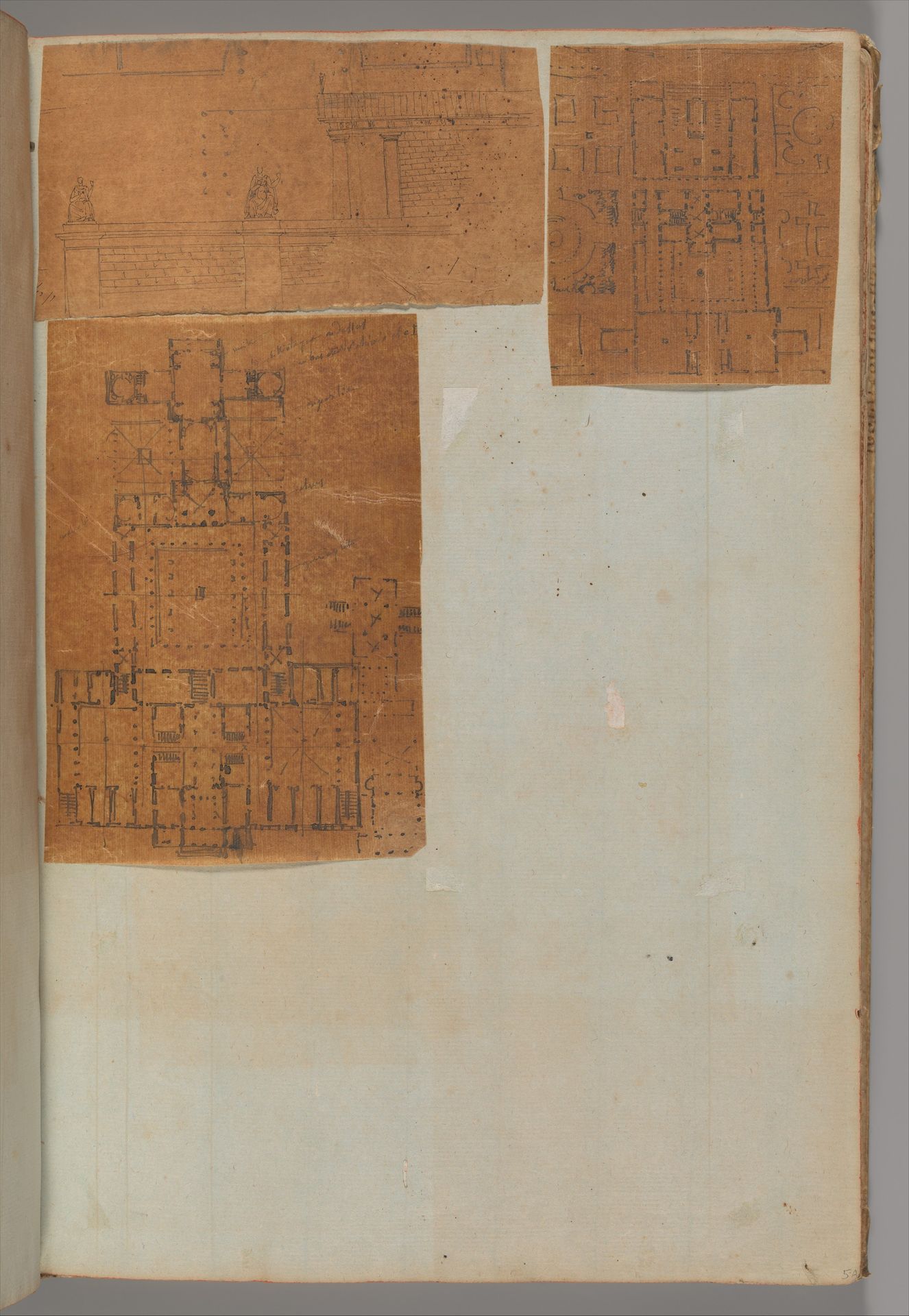 Page from a Scrapbook containing Drawings and Several Prints of Architecture, Interiors, Furniture and Other Objects by Charles Percier