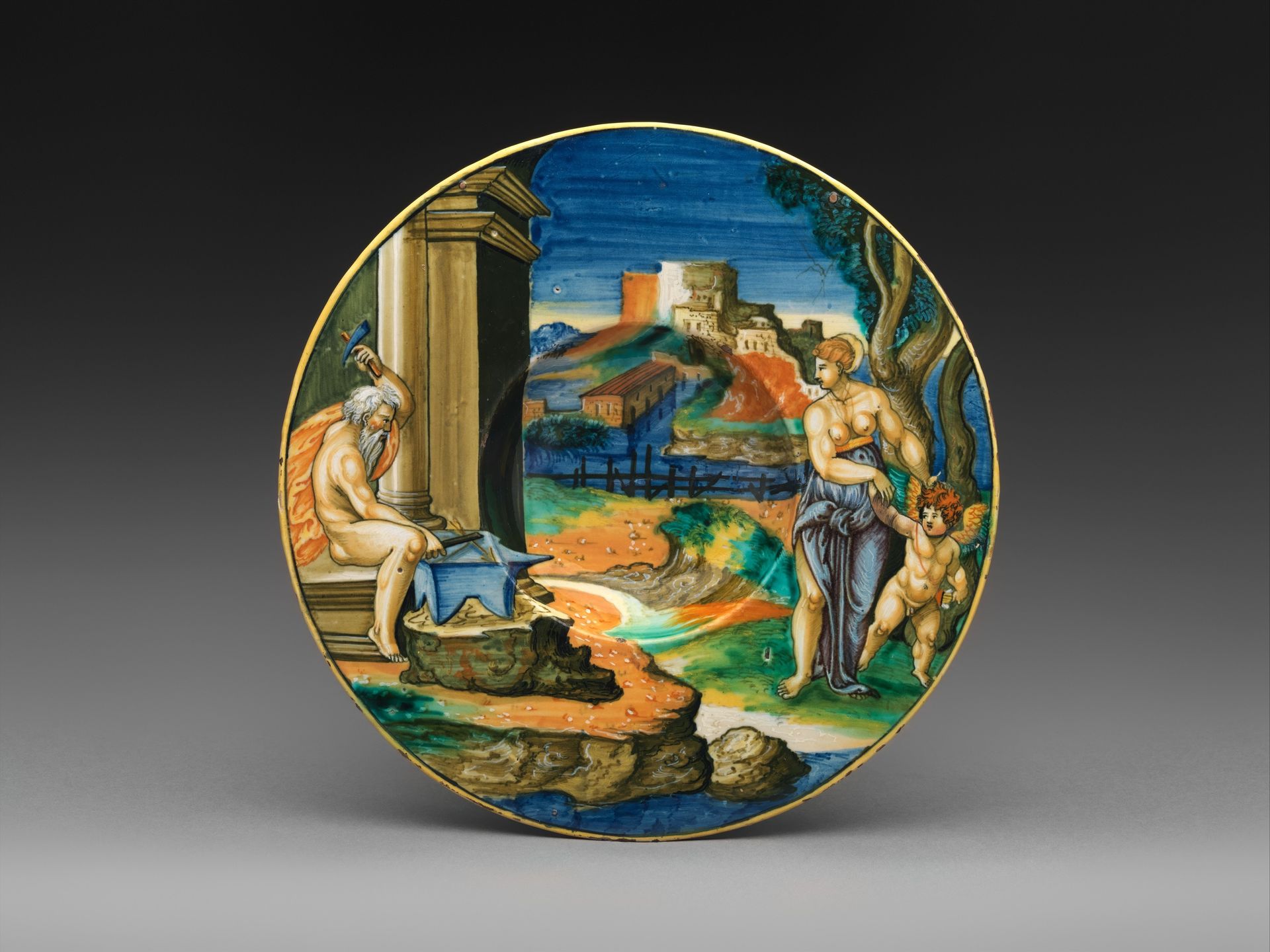 Wide-rimmed bowl with Vulcan Forging Arms with Venus and Cupid by Fra Xanto Avelli da Rovigo