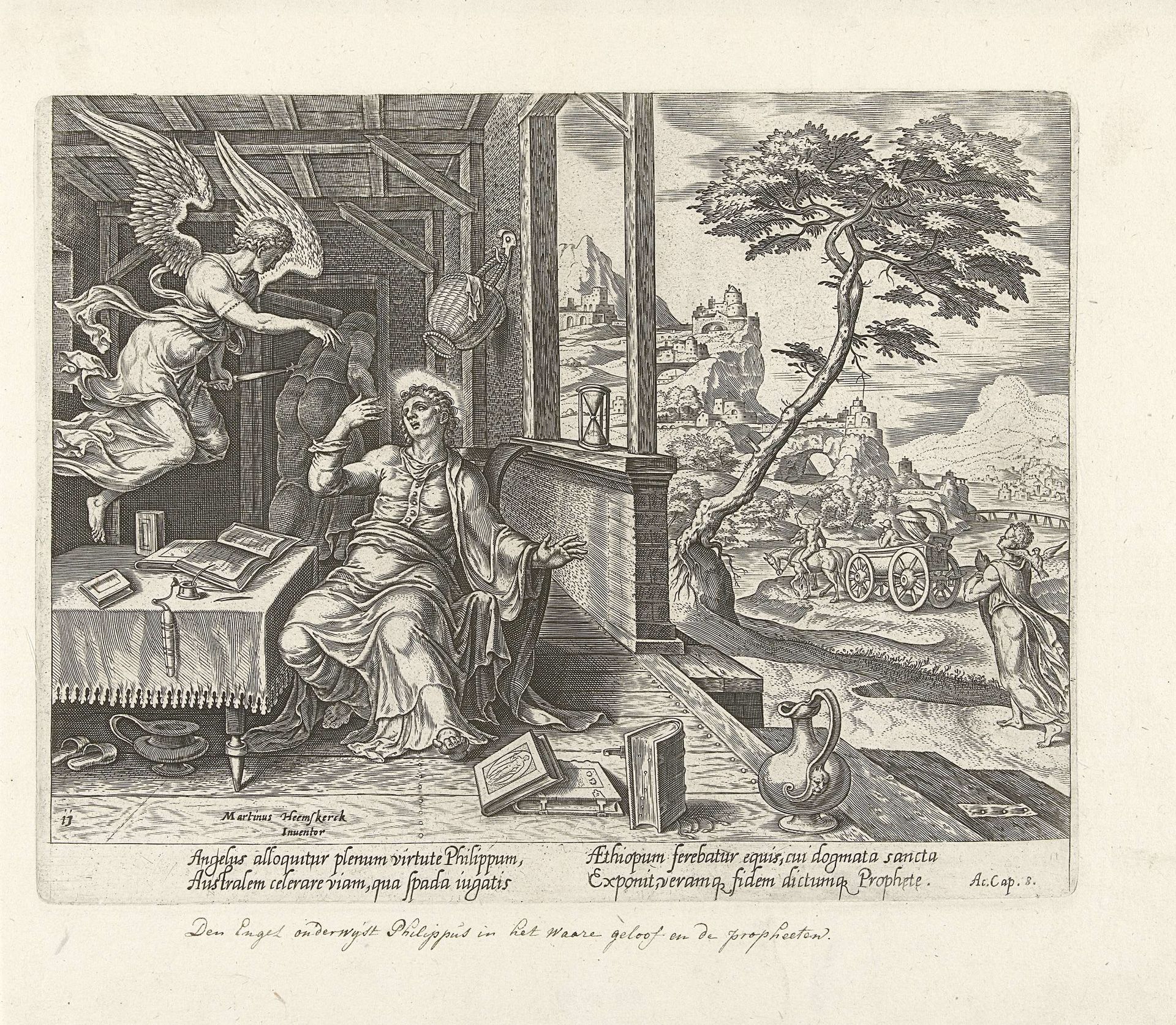 Fillippus wordt door een engel naar een eunuch gestuurd by Philips Galle