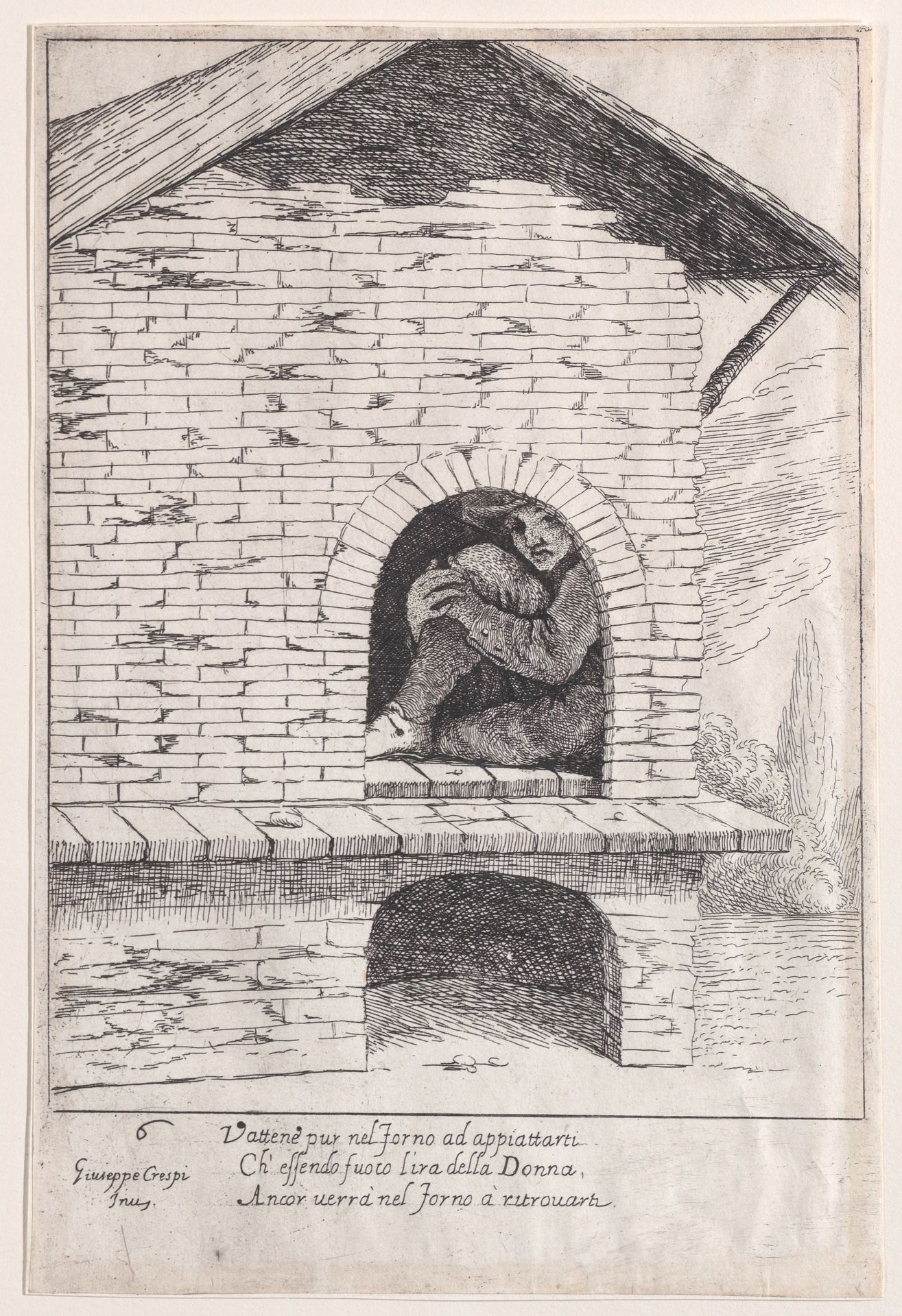 Plate 6: Bertoldo hidden in a furnace, from "Bertoldo, Bertoldino, and Cacasenno" by Giuseppe Maria Crespi