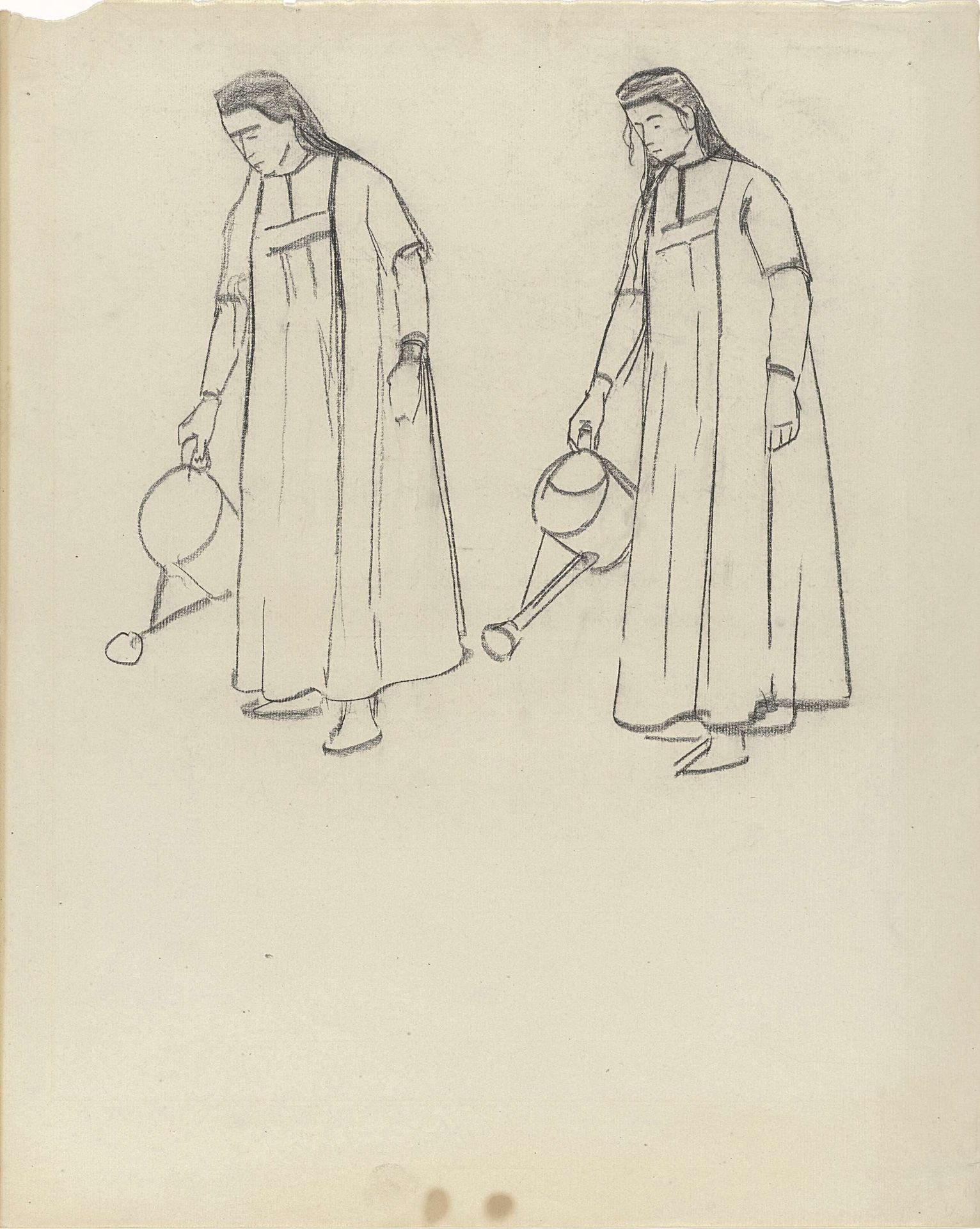 Studies voor kalender van 1901: staande vrouw die planten water geeft by Gerrit Willem Dijsselhof
