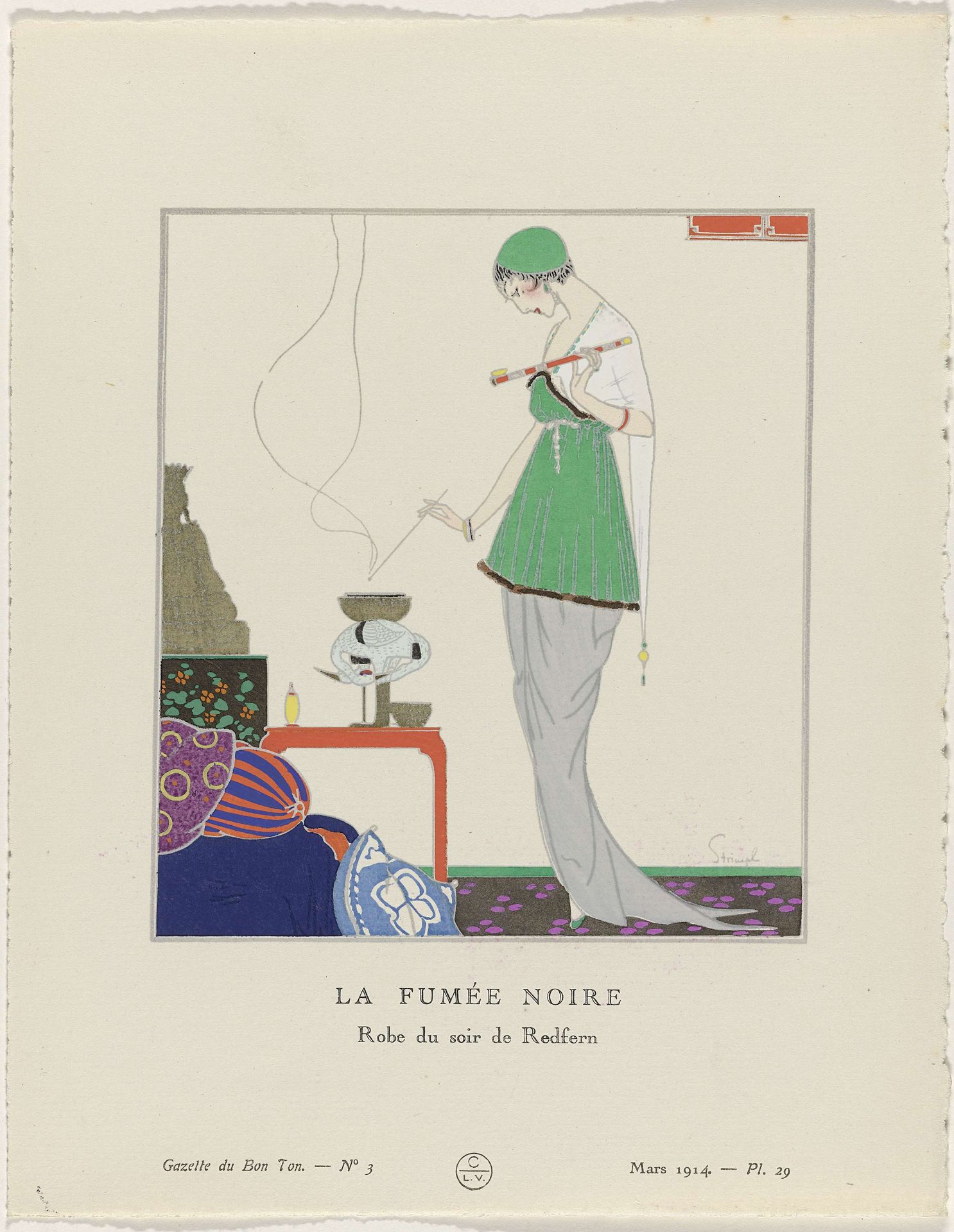Gazette du Bon Ton, 1914 - No. 3, Pl. 29: La fumée noire / Robe du soir de Redfern by Ludwik Strimpl