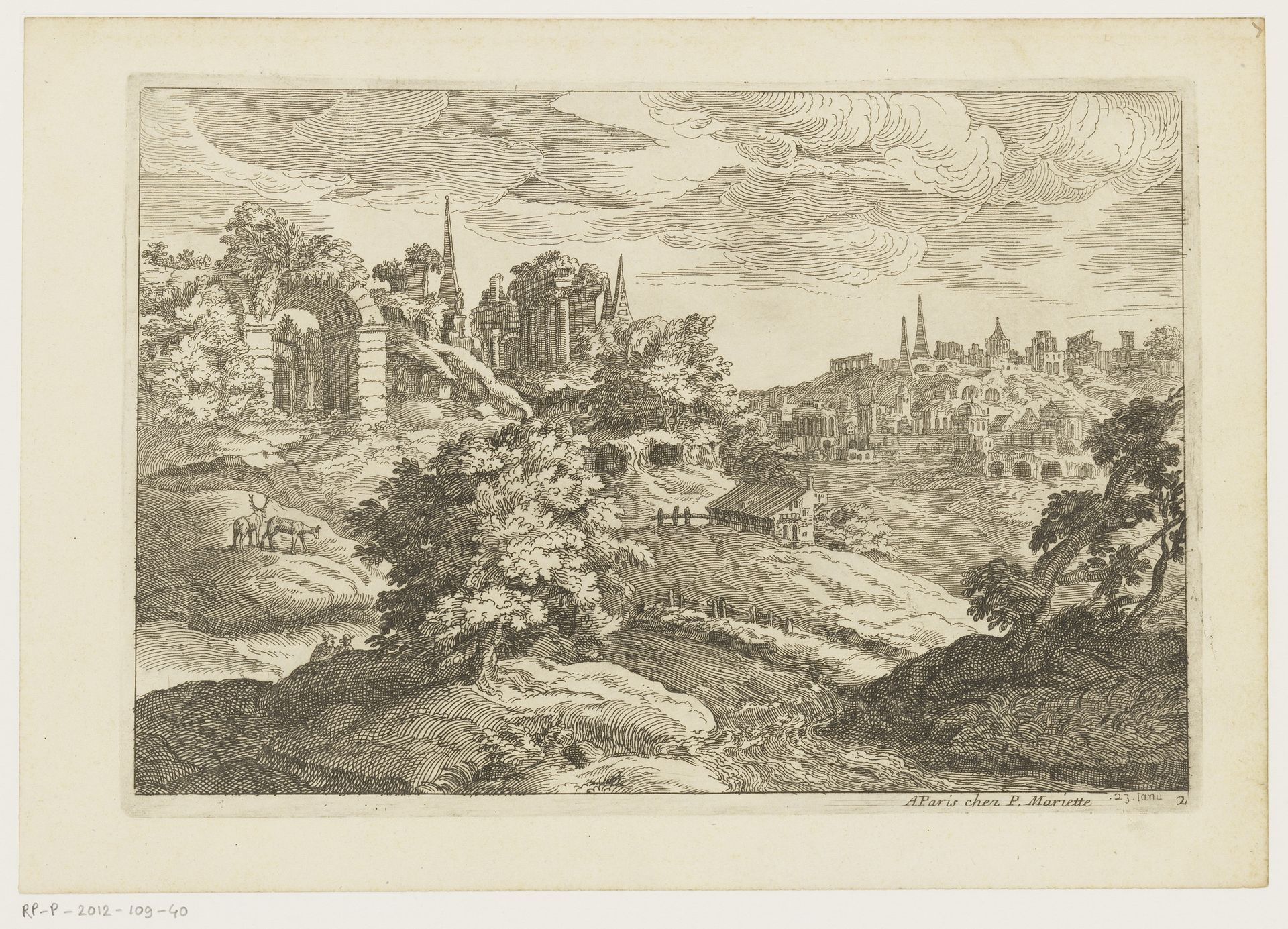 Landschap met ruïnes en herten by Moise Jean Baptiste Fouard