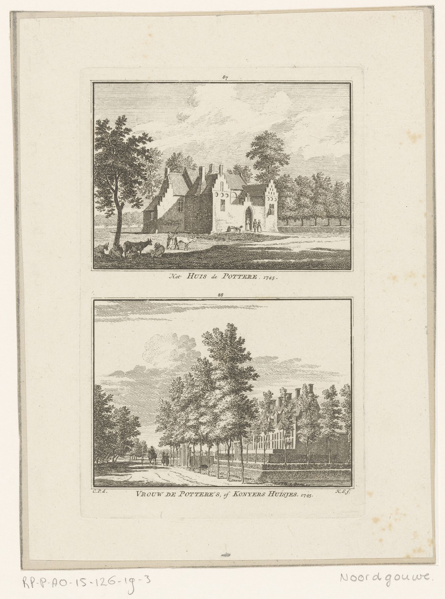 Gezicht op Huis de Pottere en gezicht op de Potterhuisjes te Noordgouwe, 1745 by Hendrik Spilman