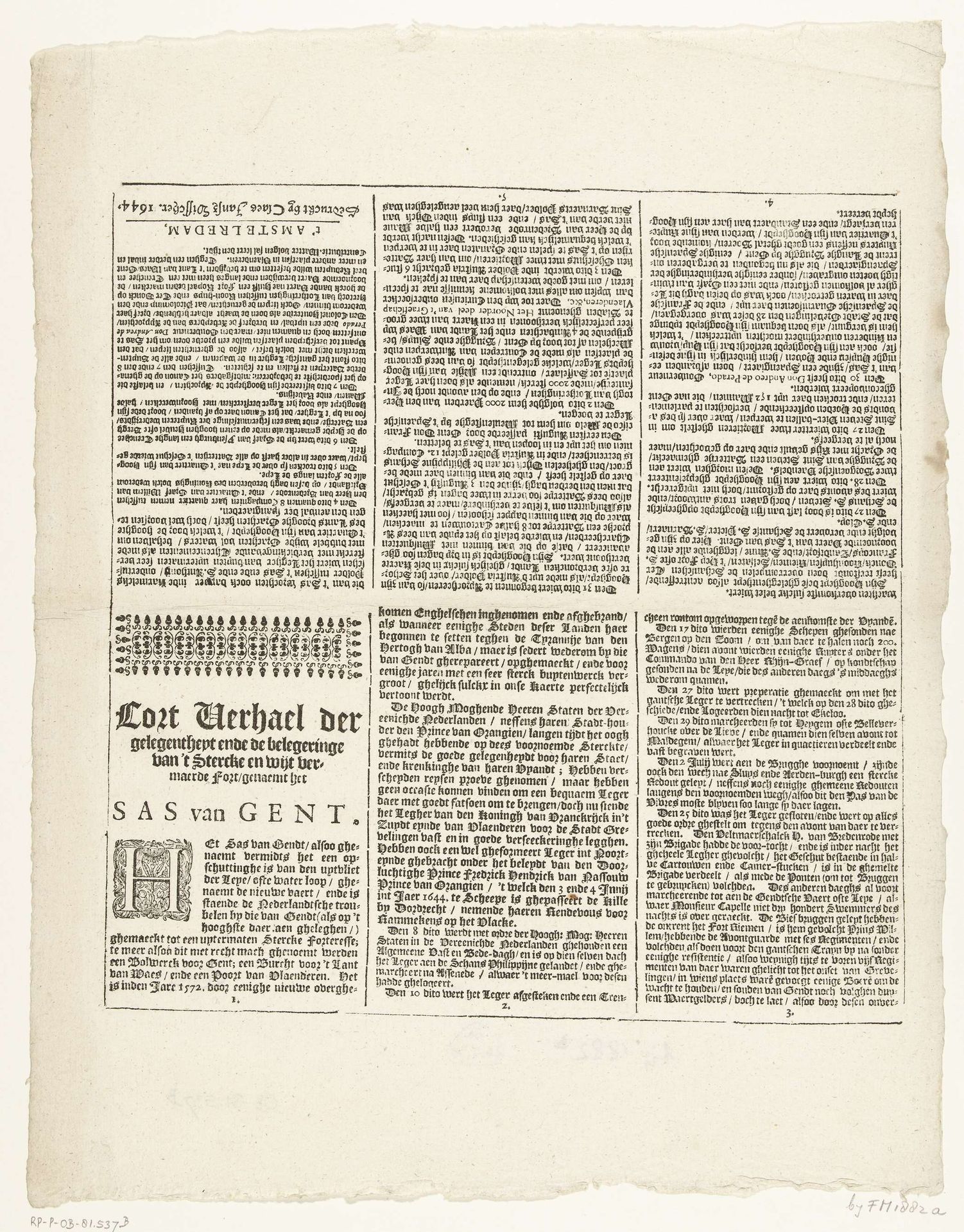 Tekstblad bij de kaart van het beleg van Sas-van-Gent, 1644 by Claes Jansz. Visscher