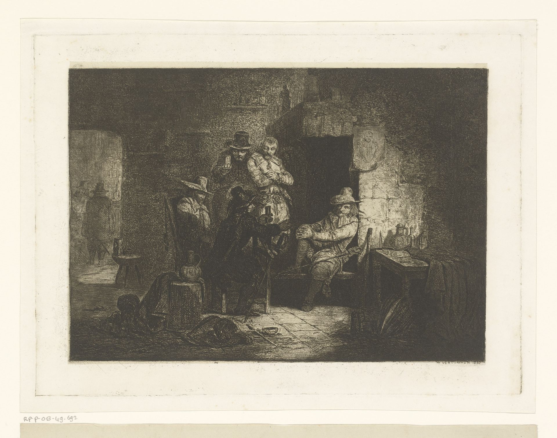 Gezelschap van vijf drinkende krijgslieden bij een haard by Guillaume Joseph Vertommen