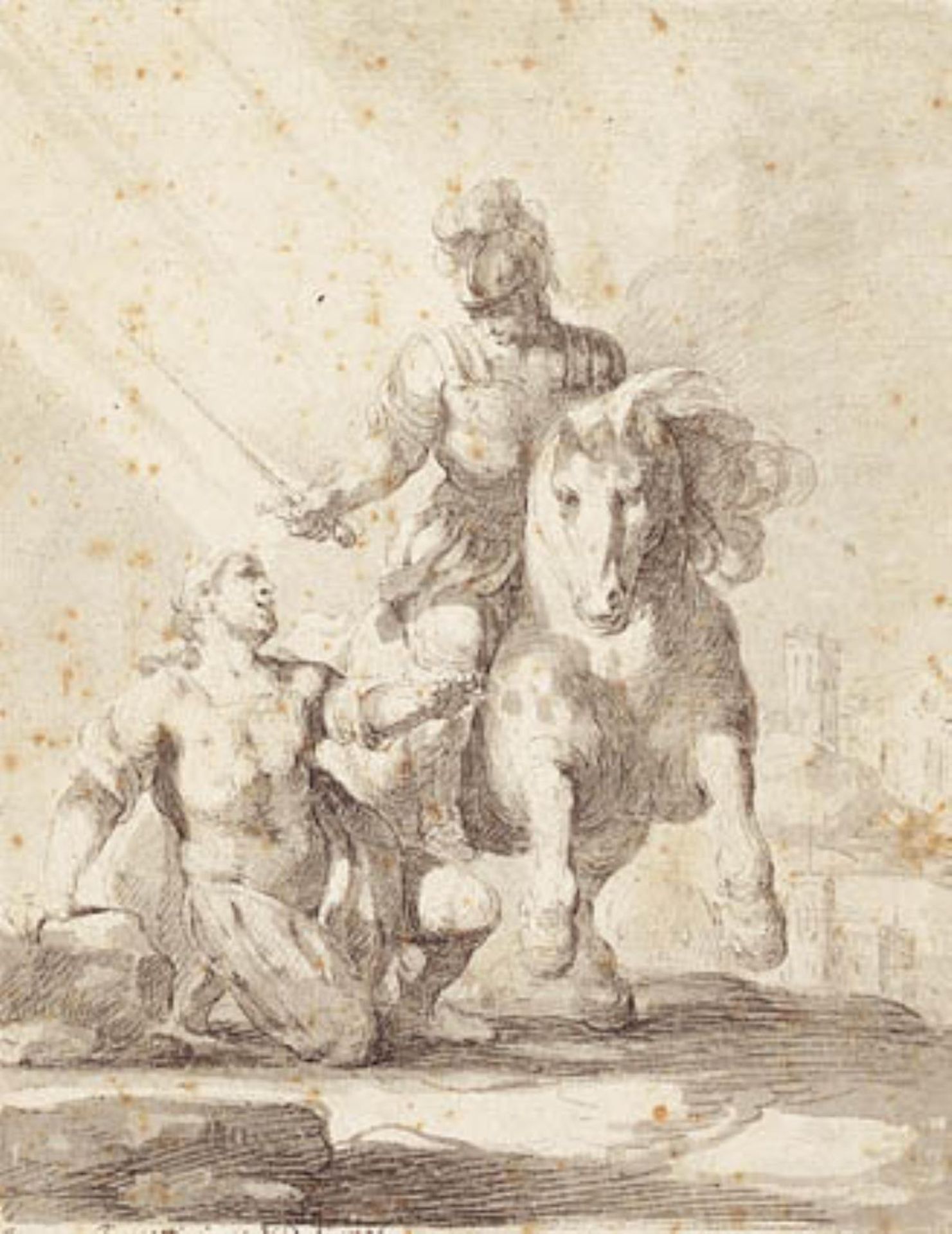 Soldat i antik klædning svingende et svær over en knælende soldat by Giovanni Domenico Ferretti
