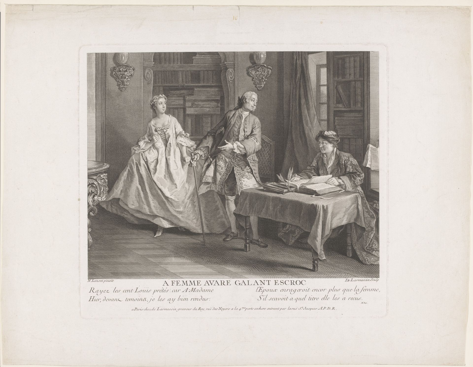 Elegant geklede man en vrouw bij een notaris by Nicolas de (III) Larmessin