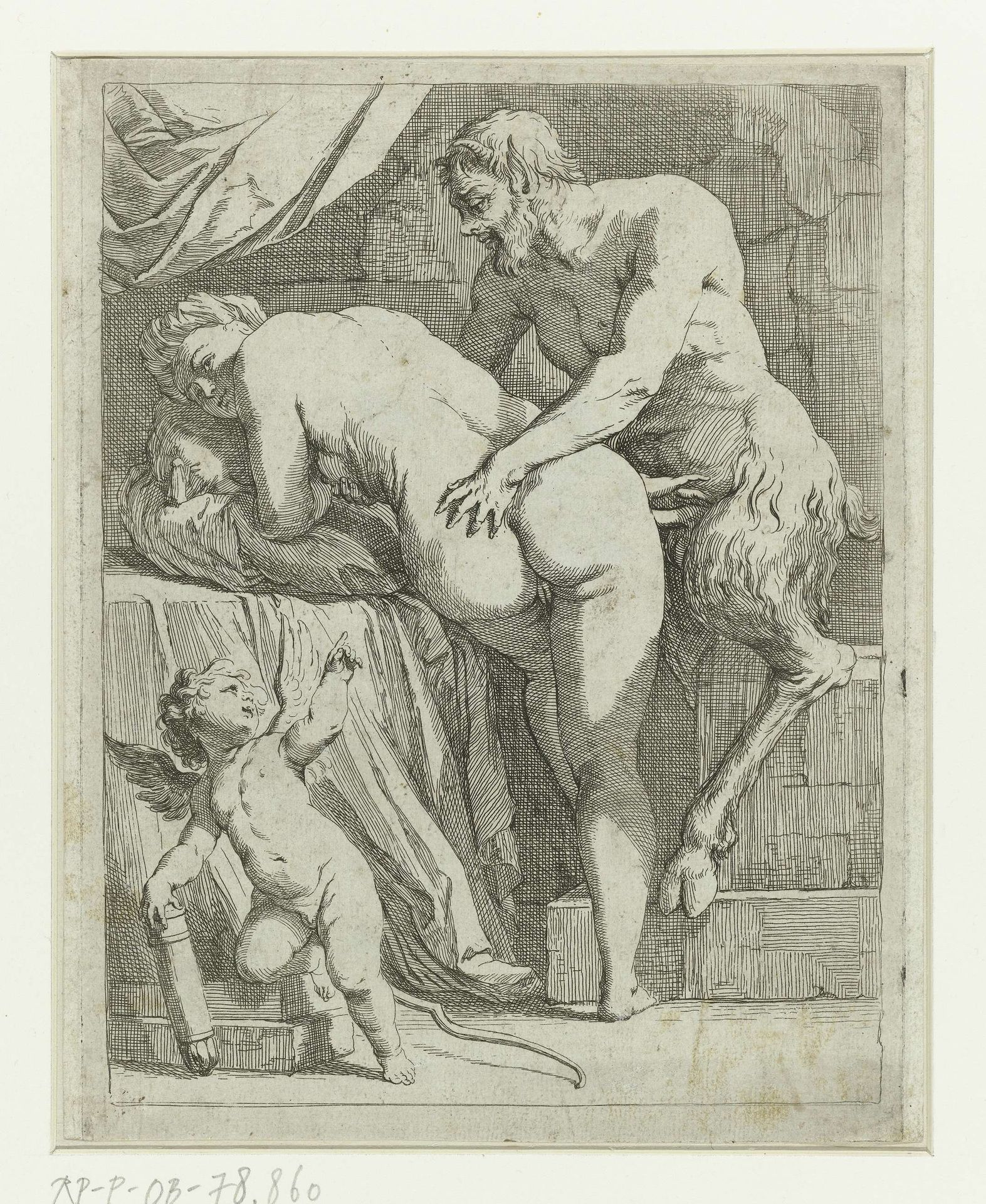 Naakte vrouw met sater en Amor by Nicolaas Verkolje
