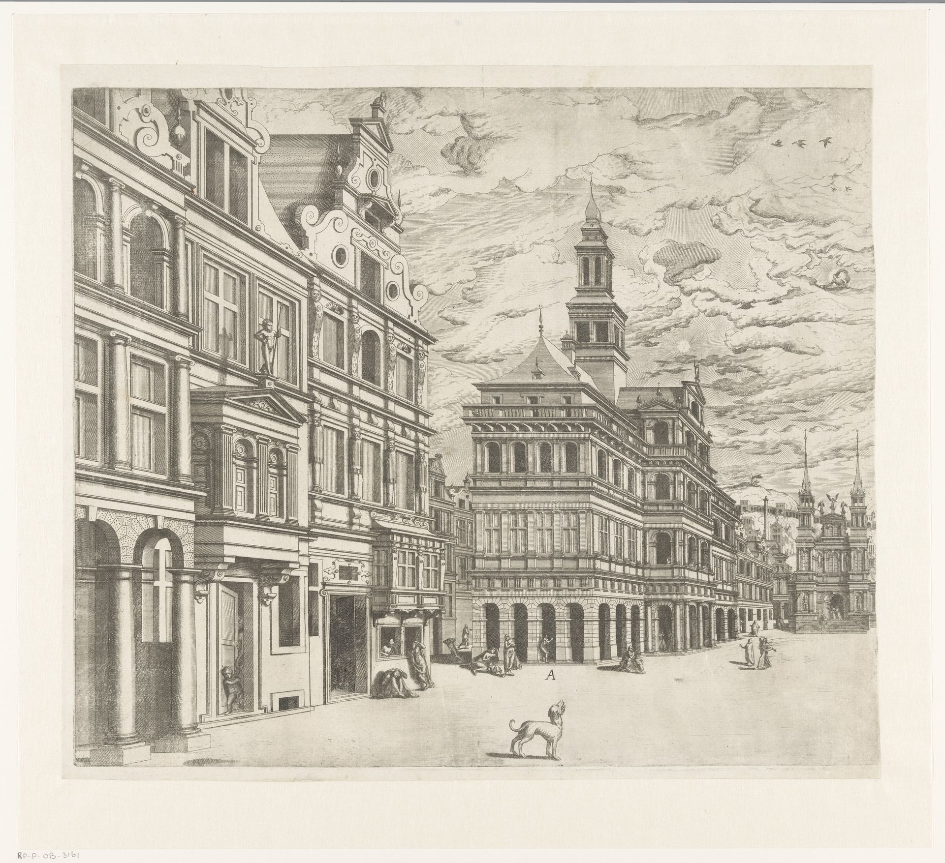 Gezicht op een plein met monumentale bouwwerken by Joannes van (I) Doetechum