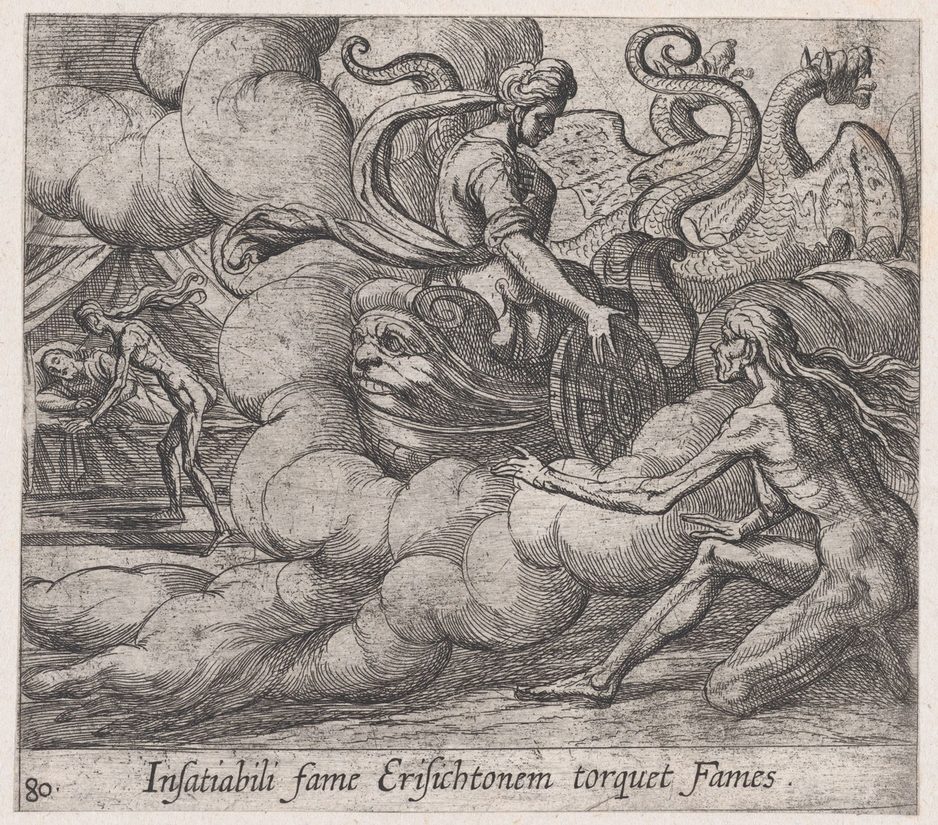 Plate 80: Ceres' Nymph Telling Famine to Strike Erysichthon (Insatiabili fame Erisichtonem torquet Fames), from Ovid's 'Metamorphoses' by Antonio Tempesta