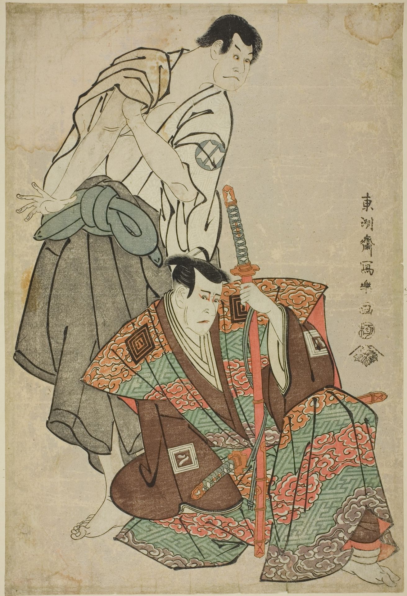 The actors Ichikawa Yaozo lll (R) as Fuwa Banzaemon and Sakata Hangoro lll (L) as Kosodate Kannonbo by Tōshūsai Sharaku