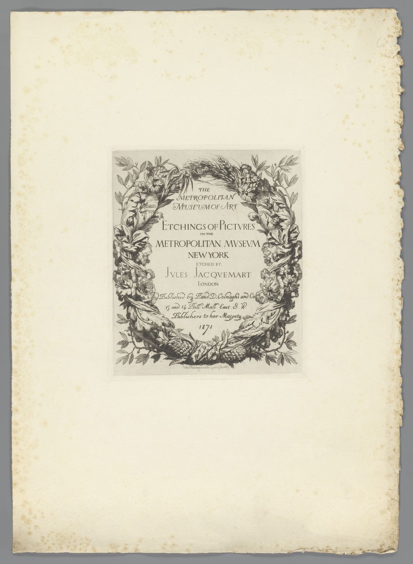 Guirlande van bloemen en bladeren rondom tekst by Jules Ferdinand Jacquemart