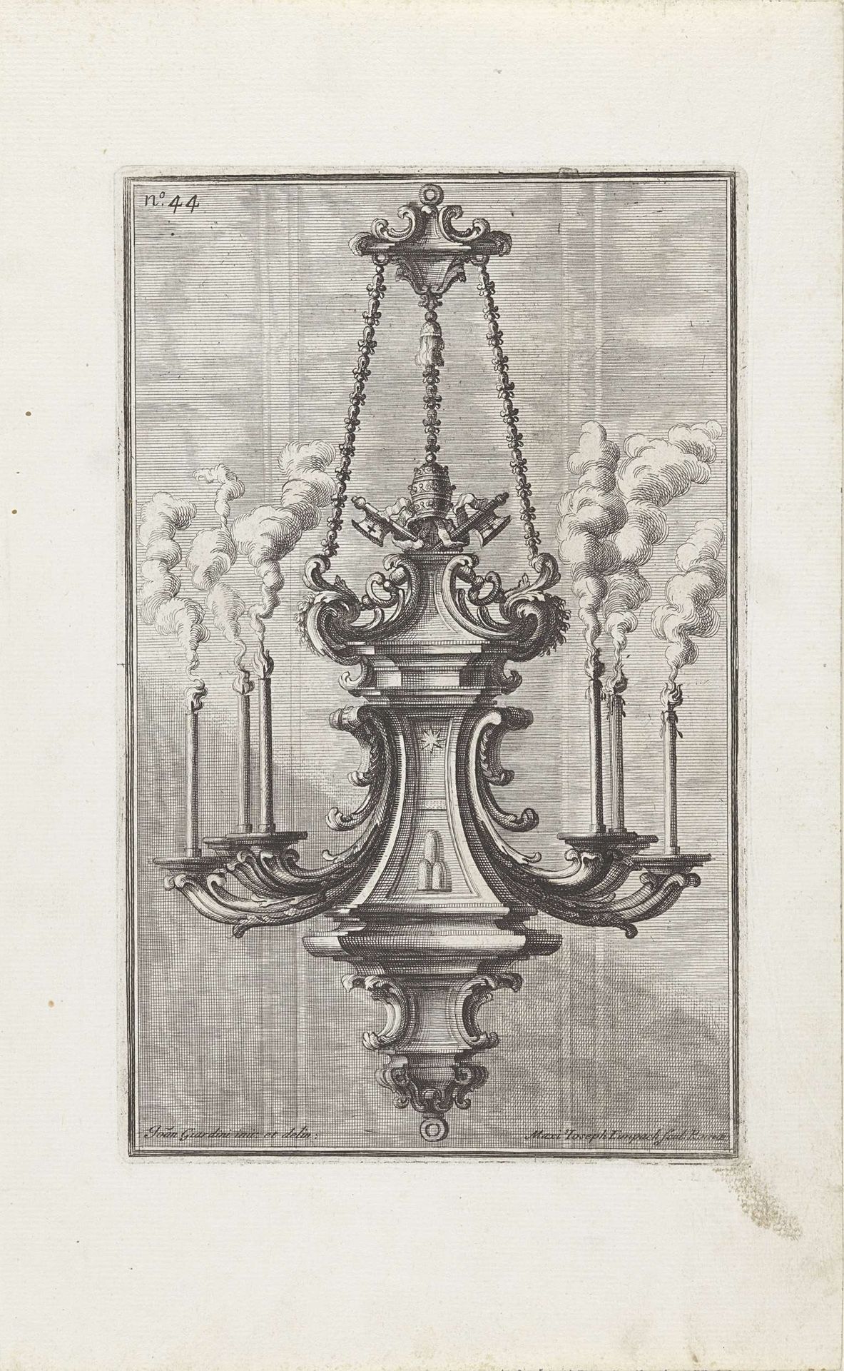 Kroonluchter met zes brandende kaarsen en het wapen van paus Clemens XI by Maximilian Joseph Limpach