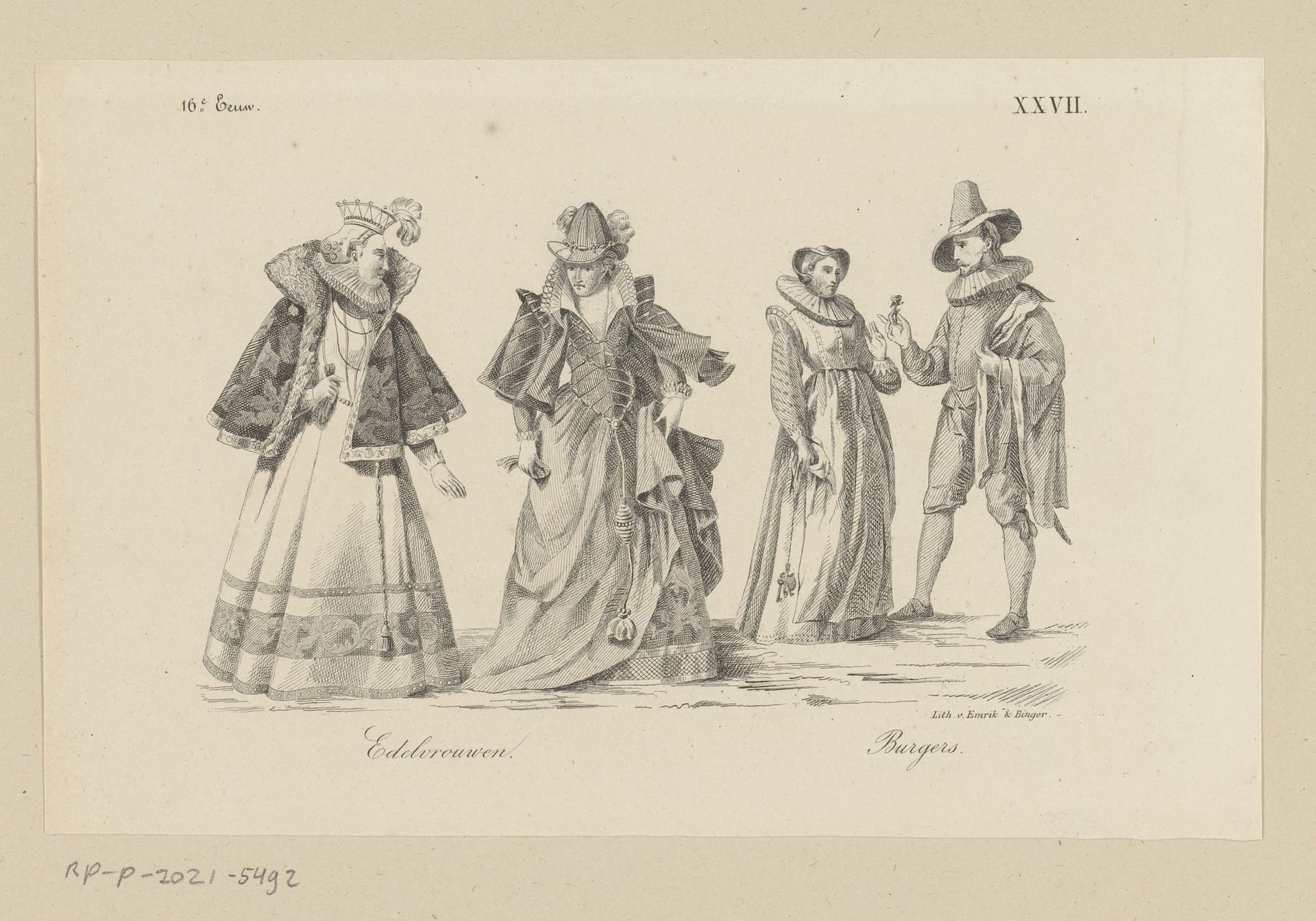 Twee edelvrouwen en twee burgers in kleding uit de zestiende eeuw by Anonymous