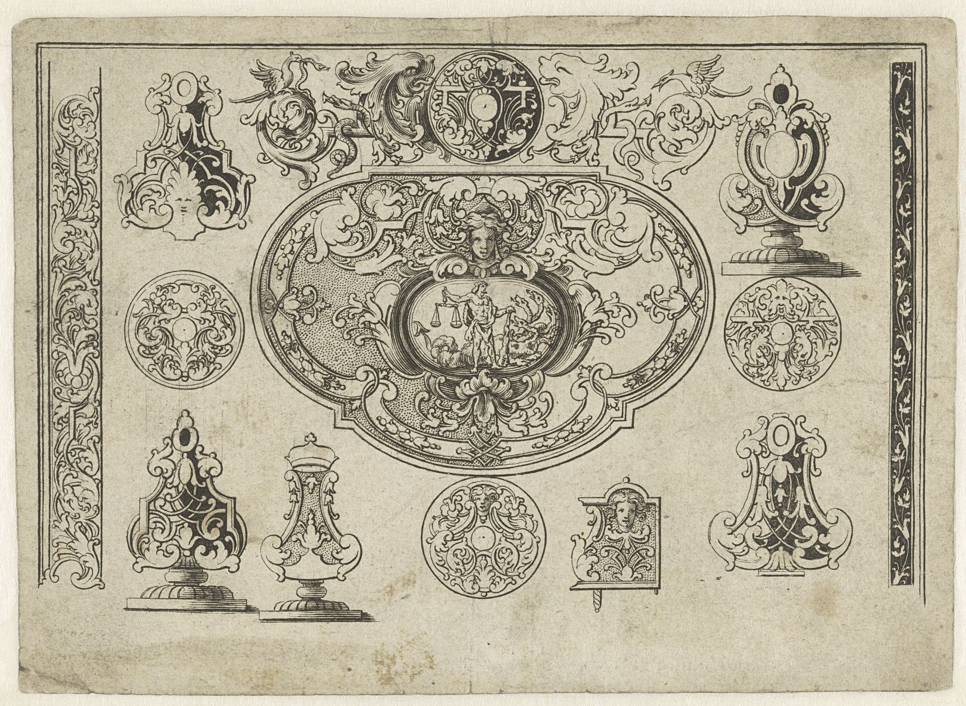 Verscheidene ontwerpen met centraal Hercules by Anonymous