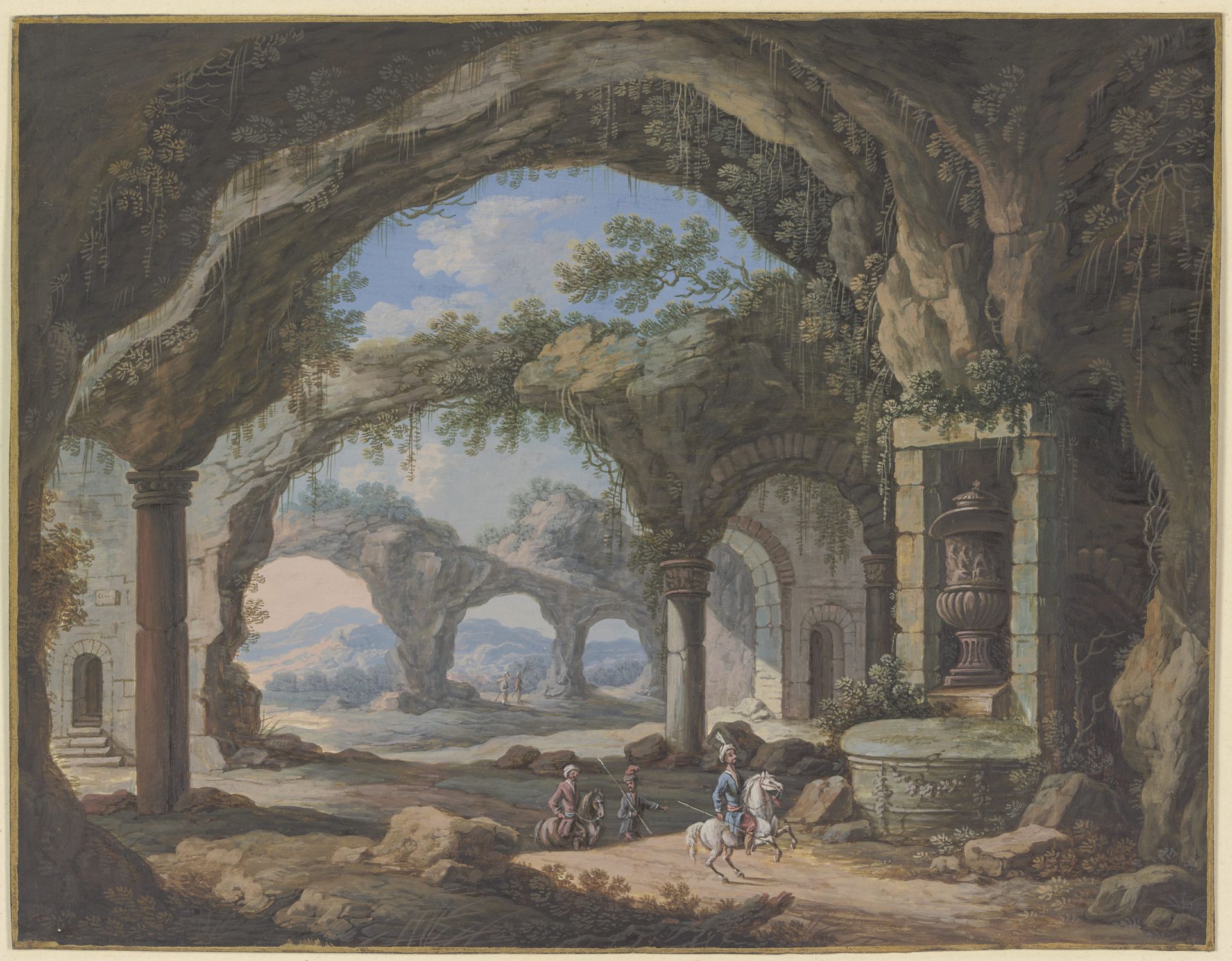 Inneres einer säulengestützten Grotte, darin in einer Nische eine große Vase by Carl Sebastian von Bemmel