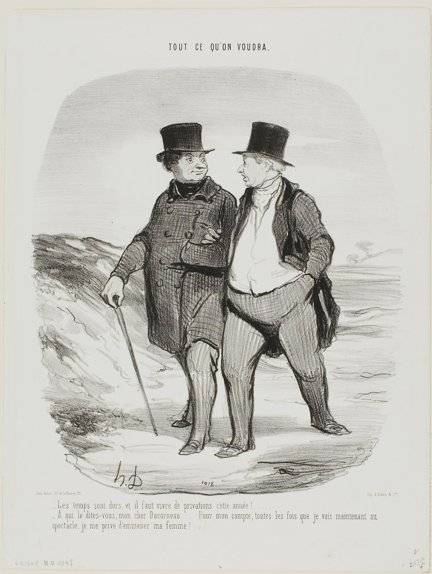 “- Times are difficult; this year we must learn to be more modest... - Don't tell me, my dear Ducorneau.... as far as I am concerned, every time I go to the theatre I now deny myself the company of my wife....,” plate 2 from Tout Ce Qu'on Voudra by Honoré Daumier