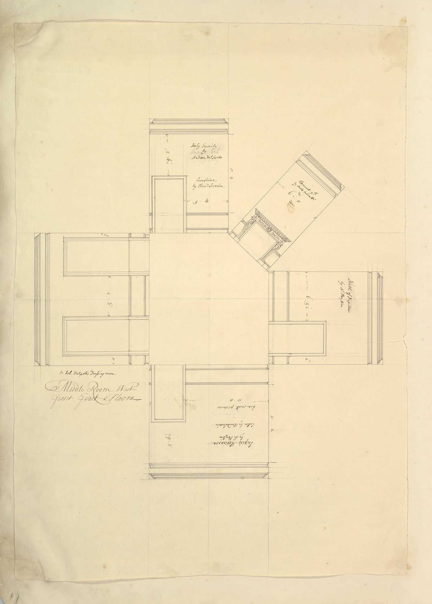 Treasury House, 10 Downing Street, London: Plan of Sir Robert Walpole's Dressing Room (Middle Room, West Front, First Floor) by Isaac Ware
