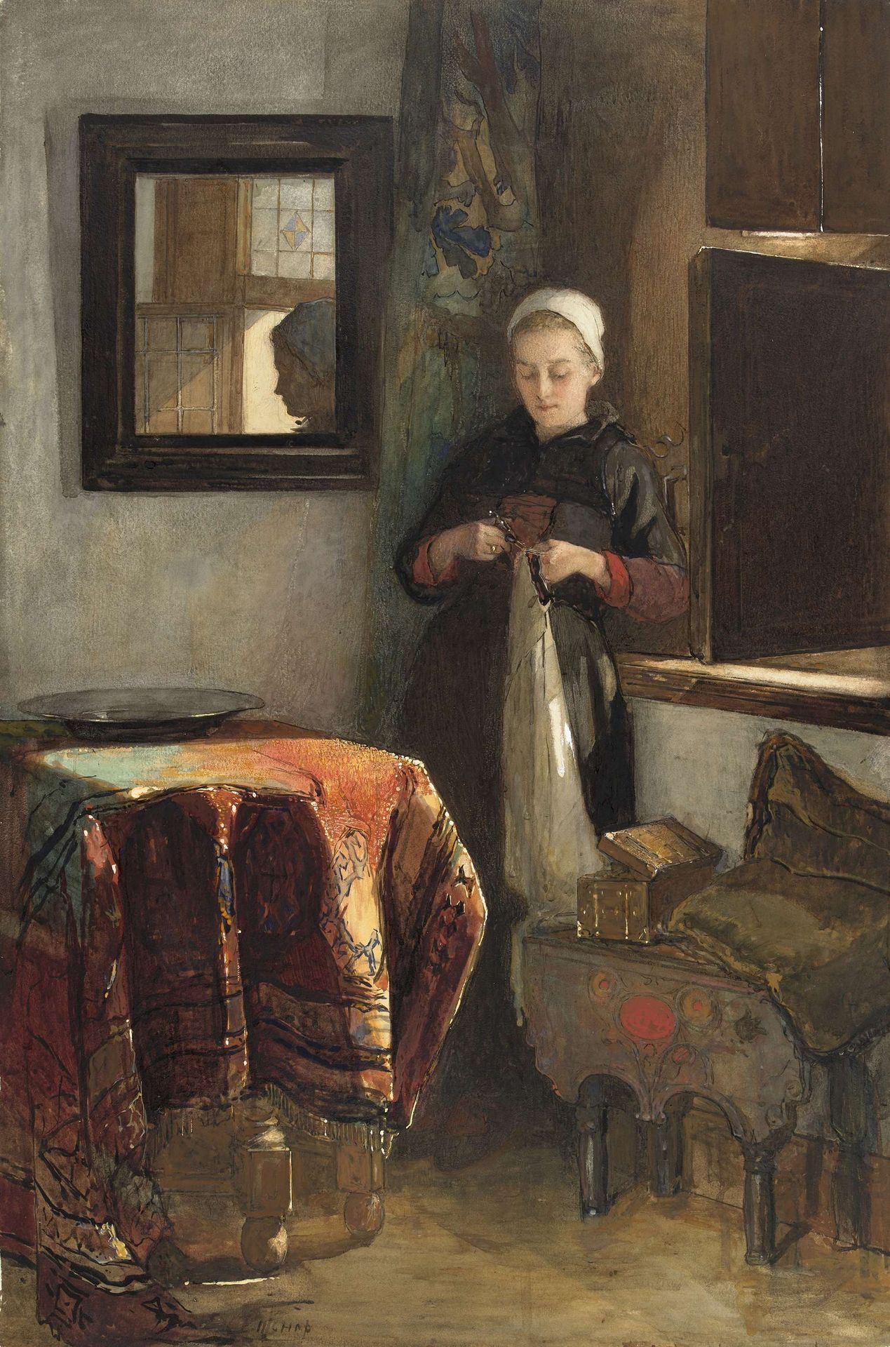 'Het zonnige hoekje': jonge vrouw in een kamer te Hindelopen by Christoffel Bisschop