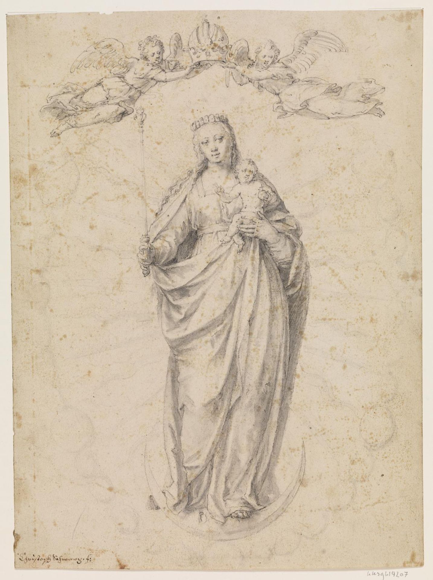 Maria med barnet stående på måne by Christoph Schwarz