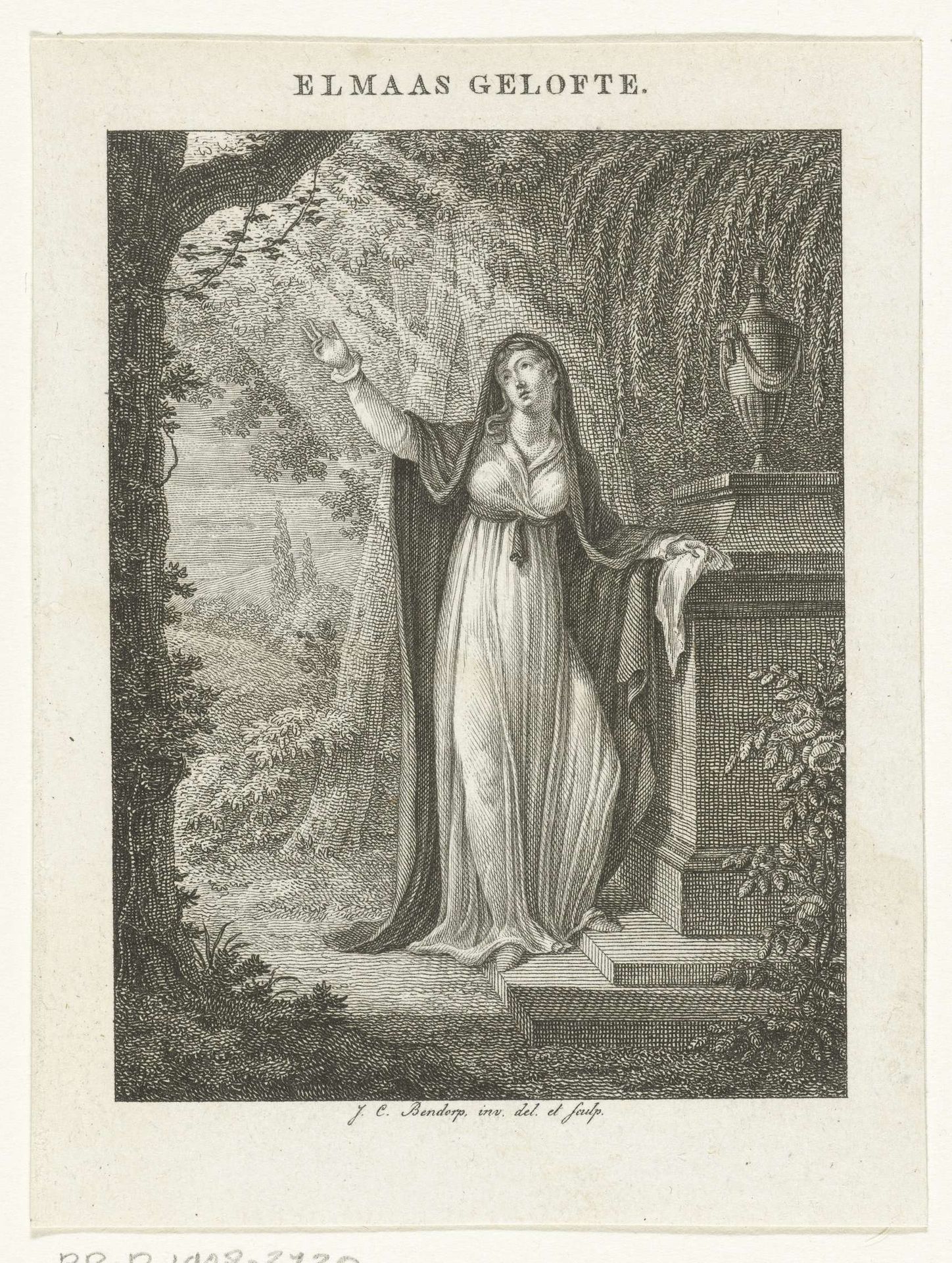 Vrouw met sluier treurt bij graftombe met urn by Johannes Christiaan Bendorp