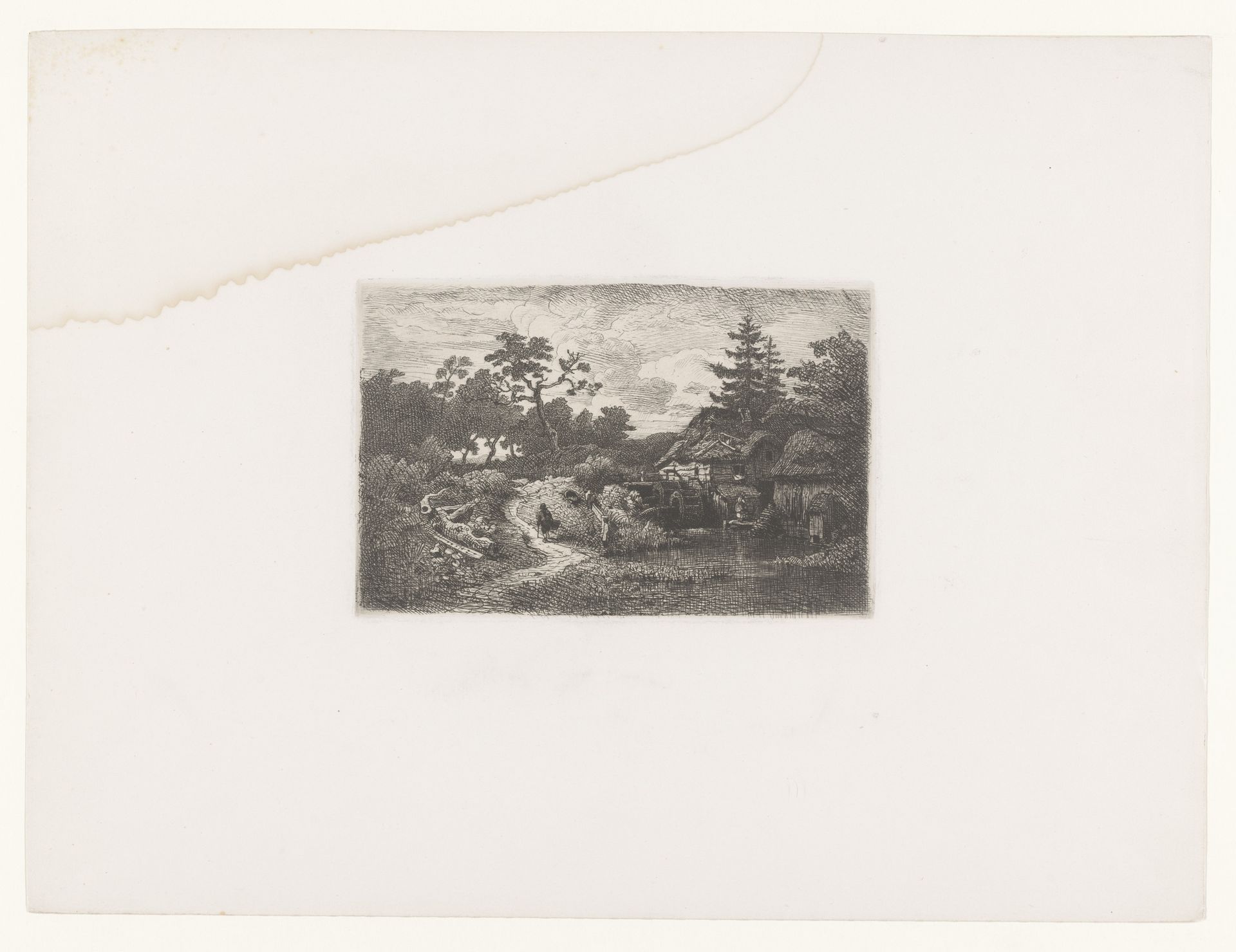Bosgezicht met een wandelaar en een watermolen by Andreas Achenbach