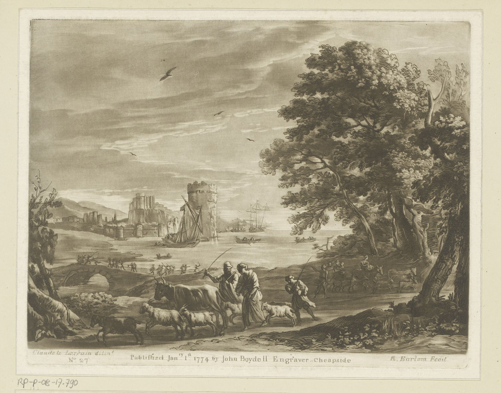 Kustlandschap met veedrijvers en gevecht op een brug by Richard Earlom