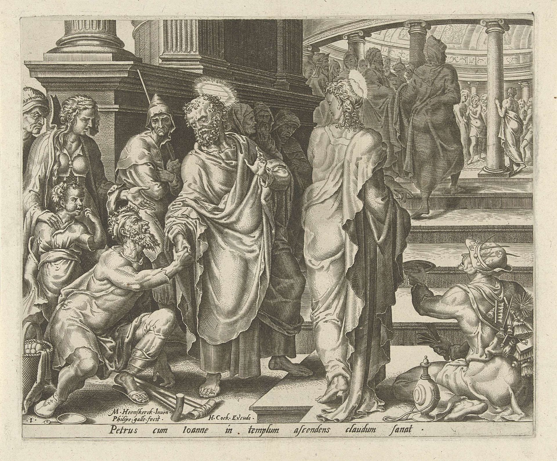 Petrus geneest een lamme by Philips Galle
