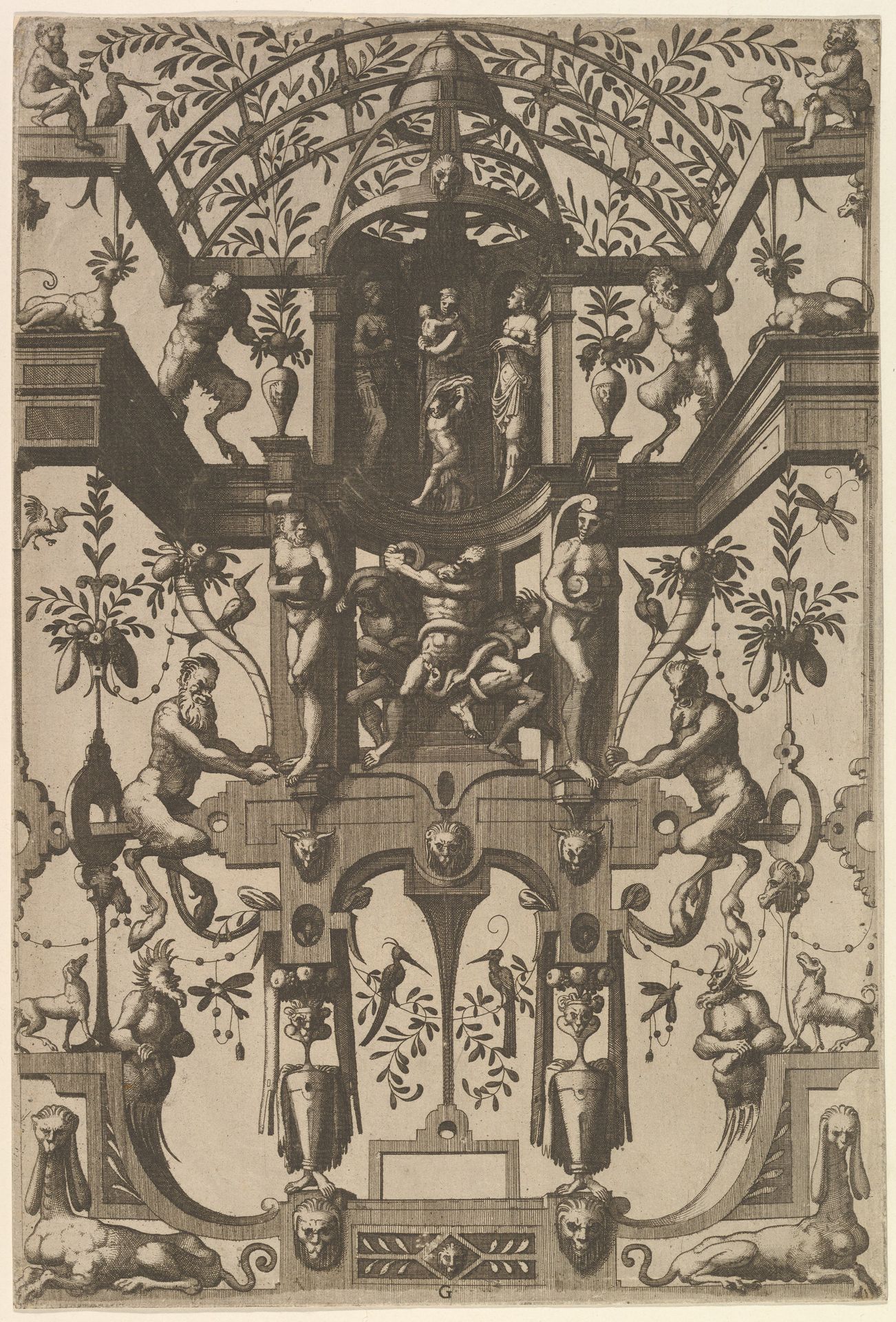 Surface Decoration, Grotesque with Strapwork, including Double Wall Niche, at the Top the Christian Virtues Faith, Hope and Charity, at the Center the Laocoon from Veelderleij Veranderinghe van grotissen ende Compertimenten...Libro Primo by Johannes van Doetecum I