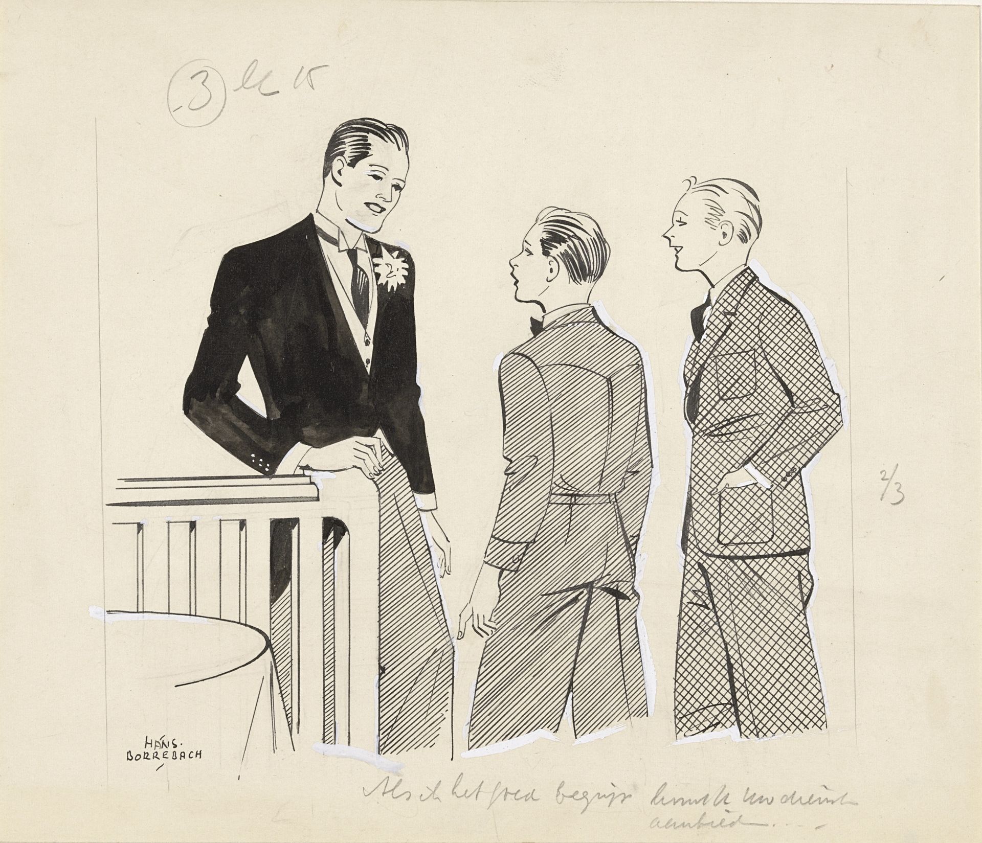 Twee jonge mannen spreken met een man in jacquet by Hans Borrebach