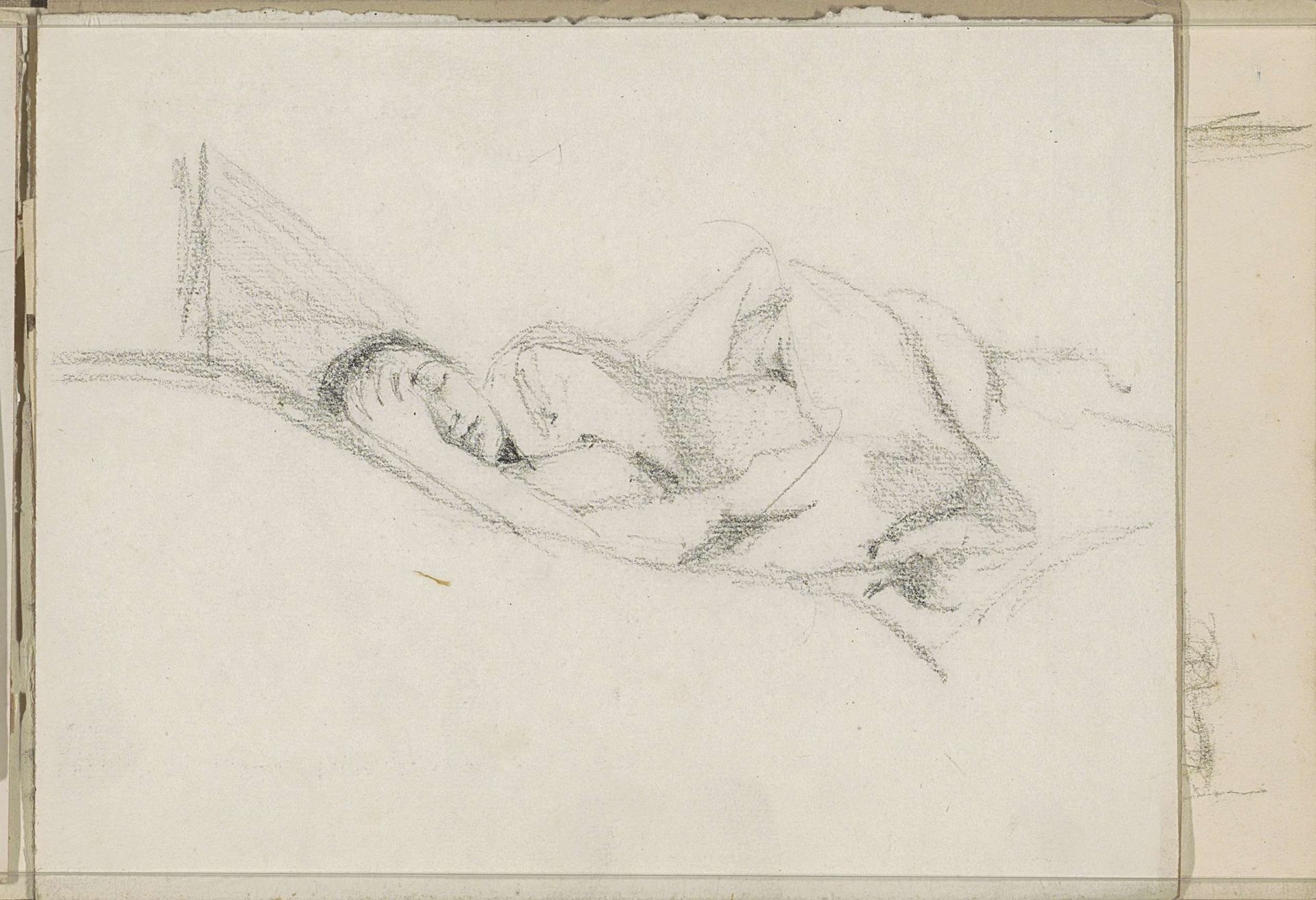 Vrouw liggend in bed met een hand tegen het voorhoofd by Bramine Hubrecht