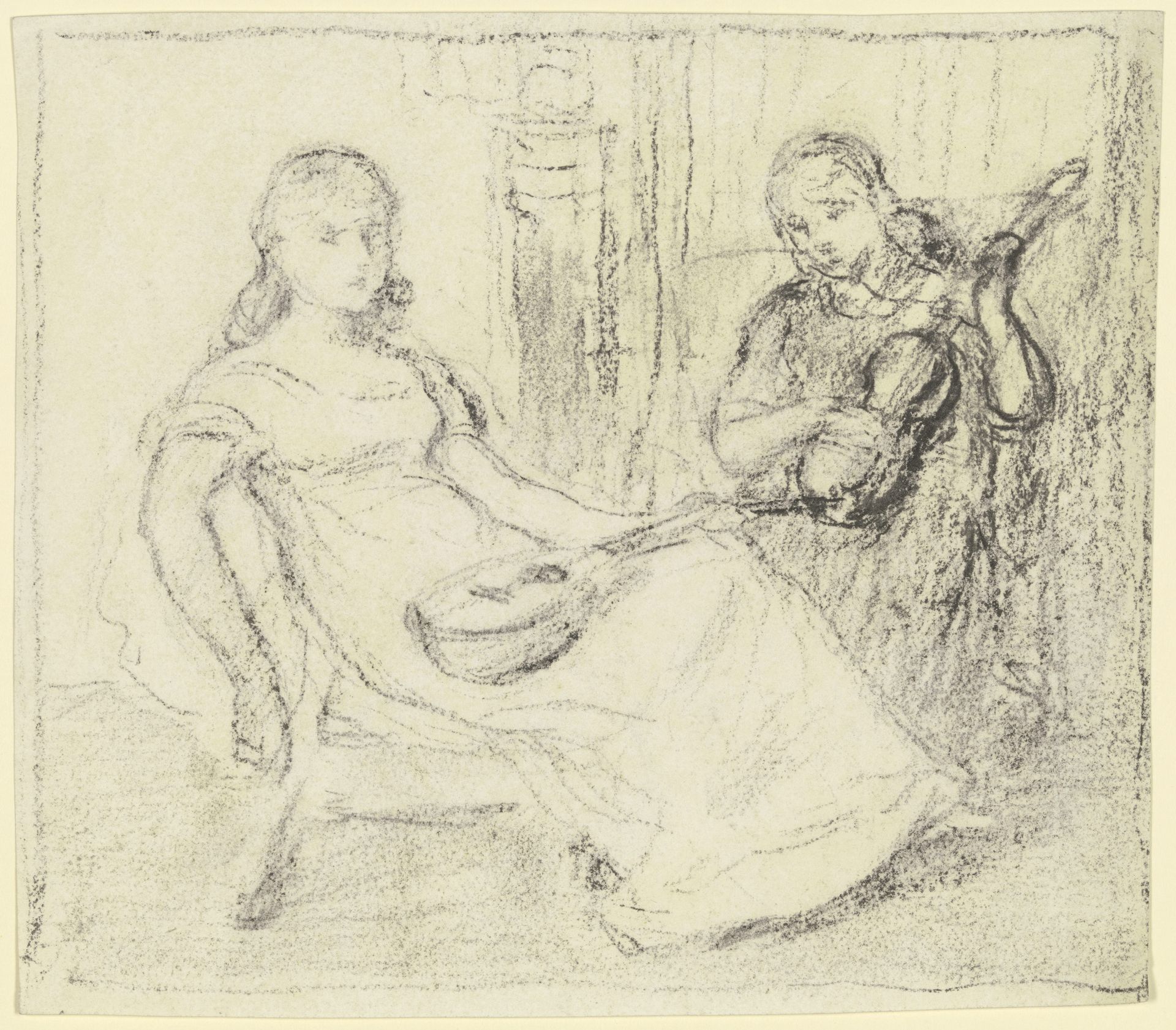 Zwei Mädchen mit Streich- und Zupfinstrumenten by Otto Scholderer