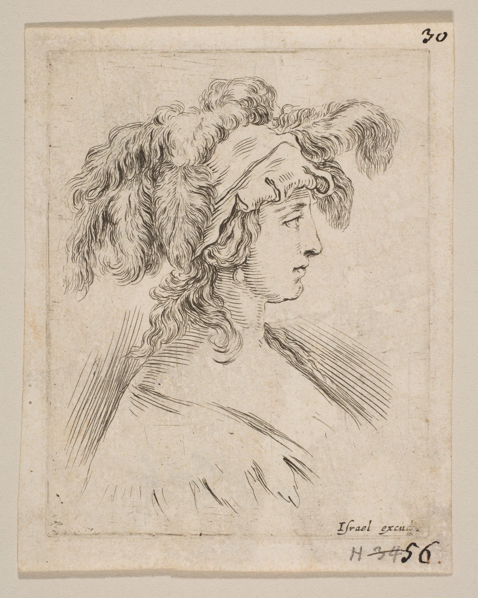 Plate 15: mid-bust of a young woman in profile wearing a hat topped with feathers, from 'The Book for Learning to Draw' (Livre pour apprendre à dessiner) by Stefano della Bella