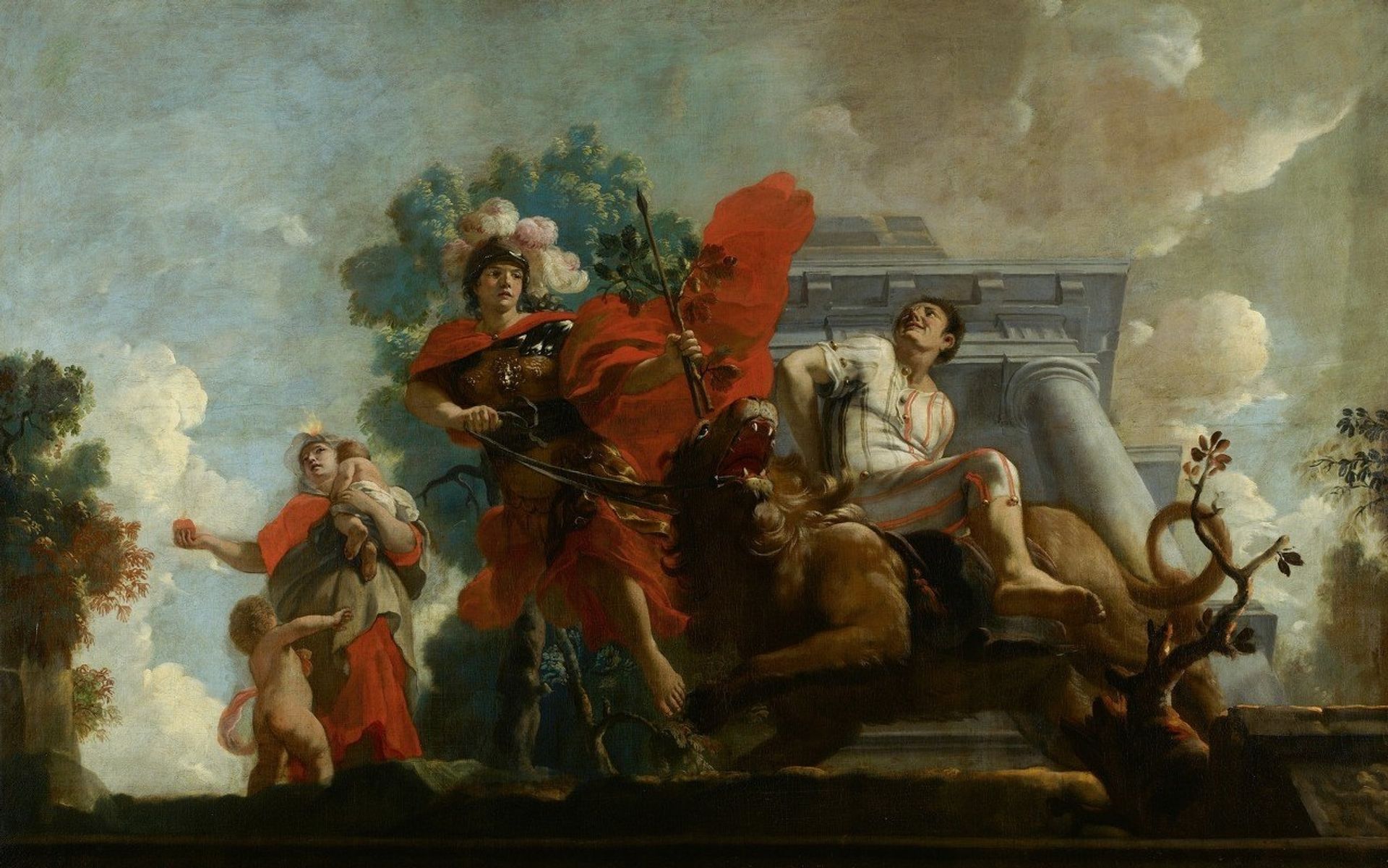 Fortitudo breidelt de zotheid ; Allegorische voorstelling van de verzorging van leprozen en onnozelen by Gerard de Lairesse
