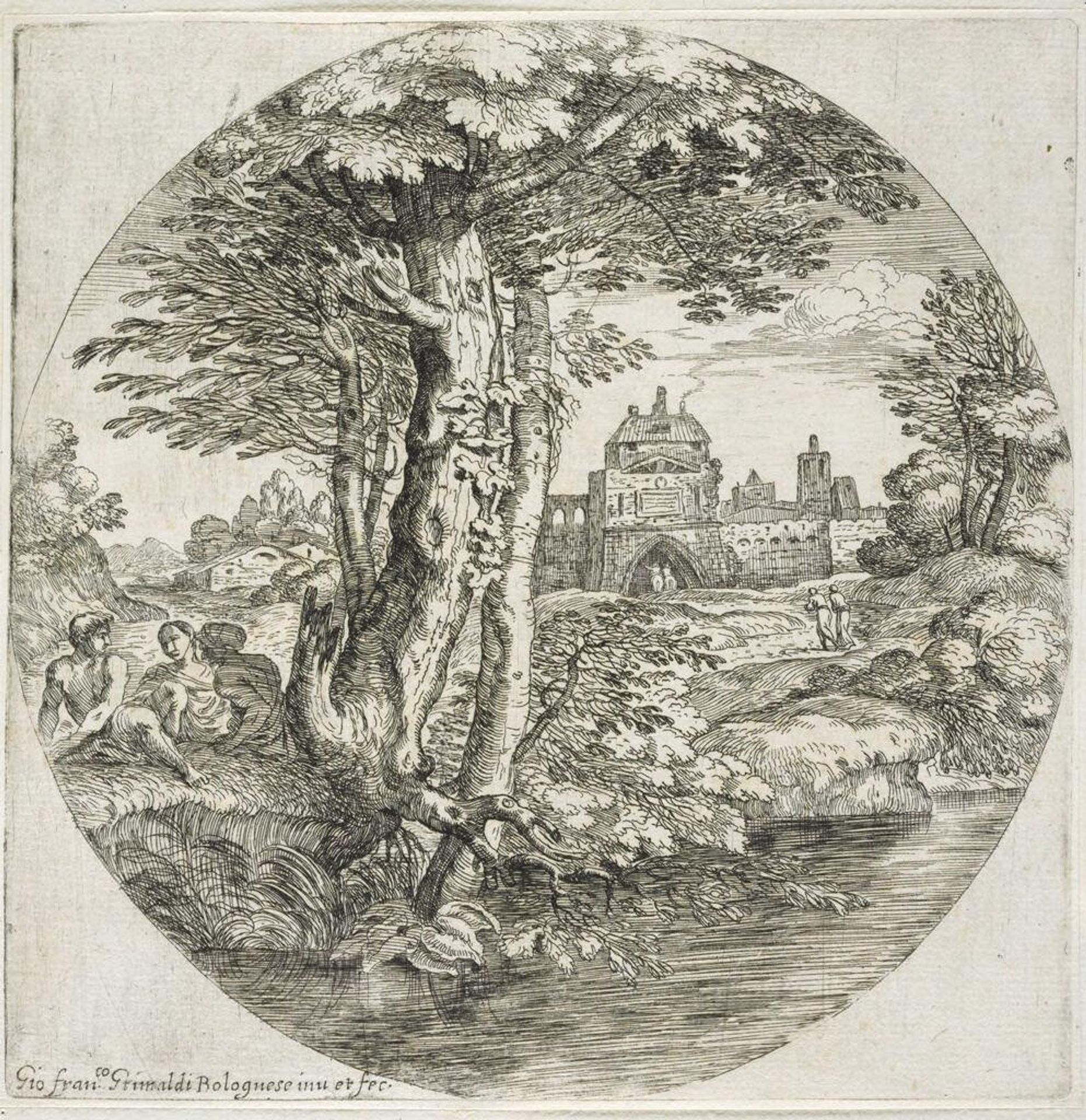 Landscape with Two Horsemen Entering a Small Fort by Giovanni Francesco Grimaldi