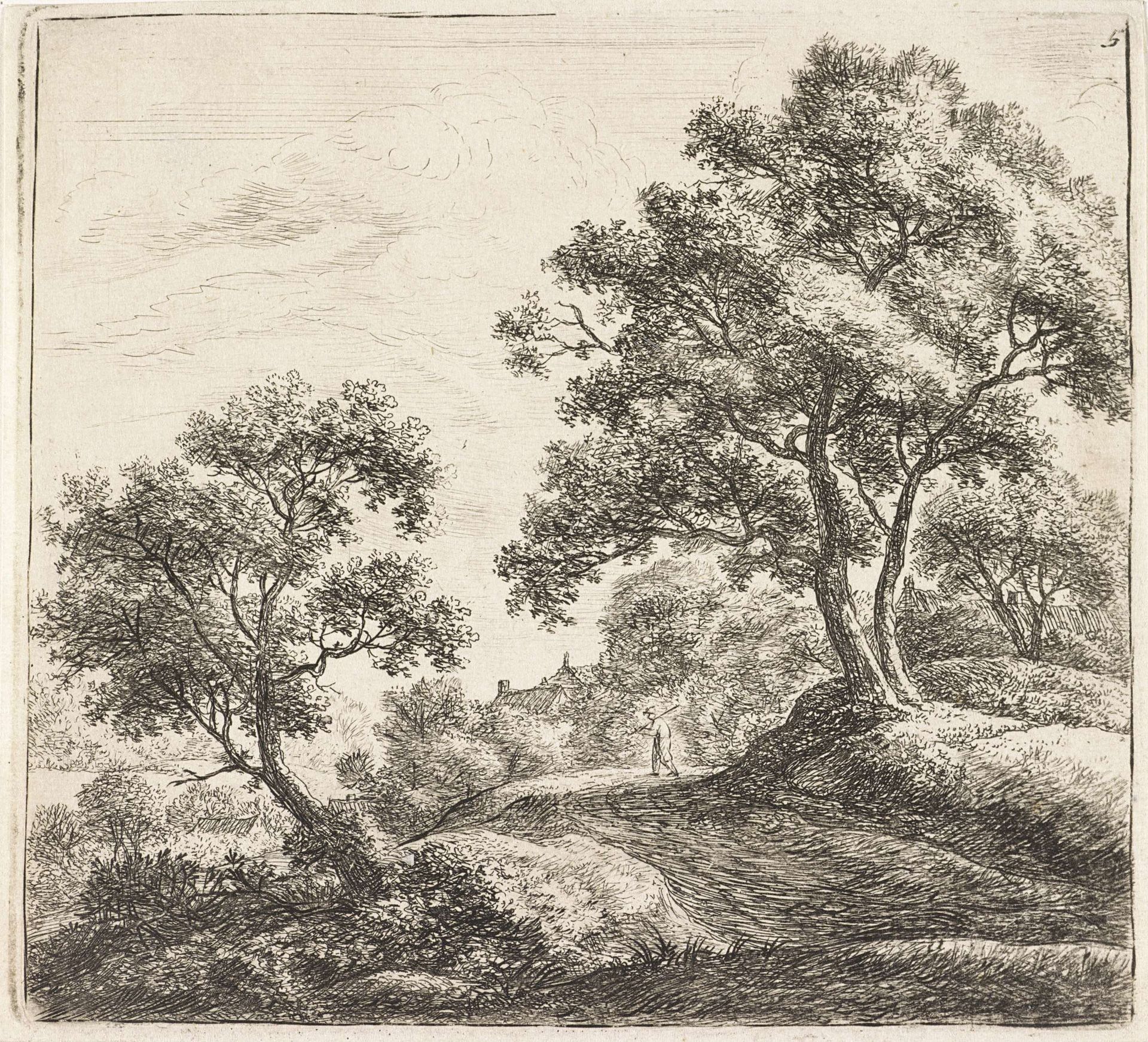 Man op een pad bij een dorp by Anthonie Waterloo