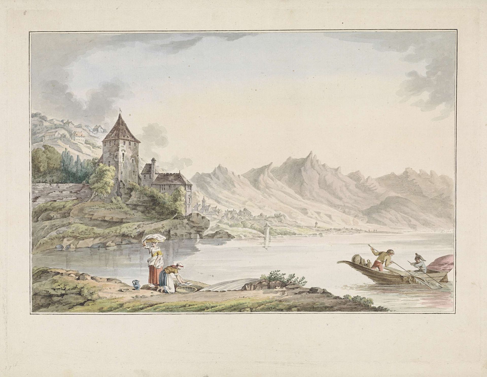 Gezicht op een kerk aan een meer te Zwitserland by Jan Gerard Waldorp