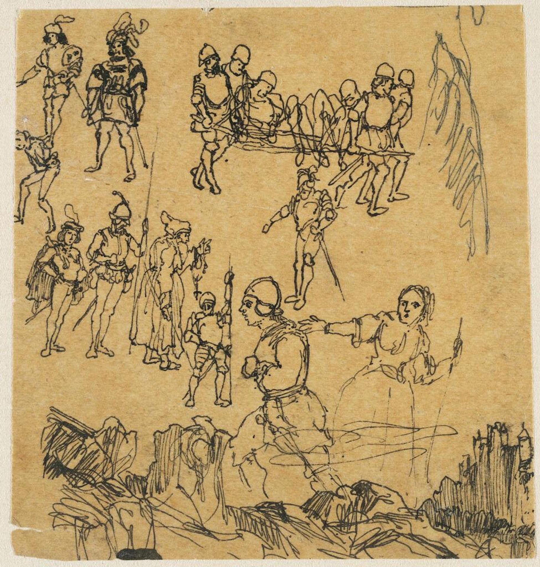 Sheet of Studies, Soldiers Carrying a Stretcher, Figures, Landscape by Rodolphe Bresdin