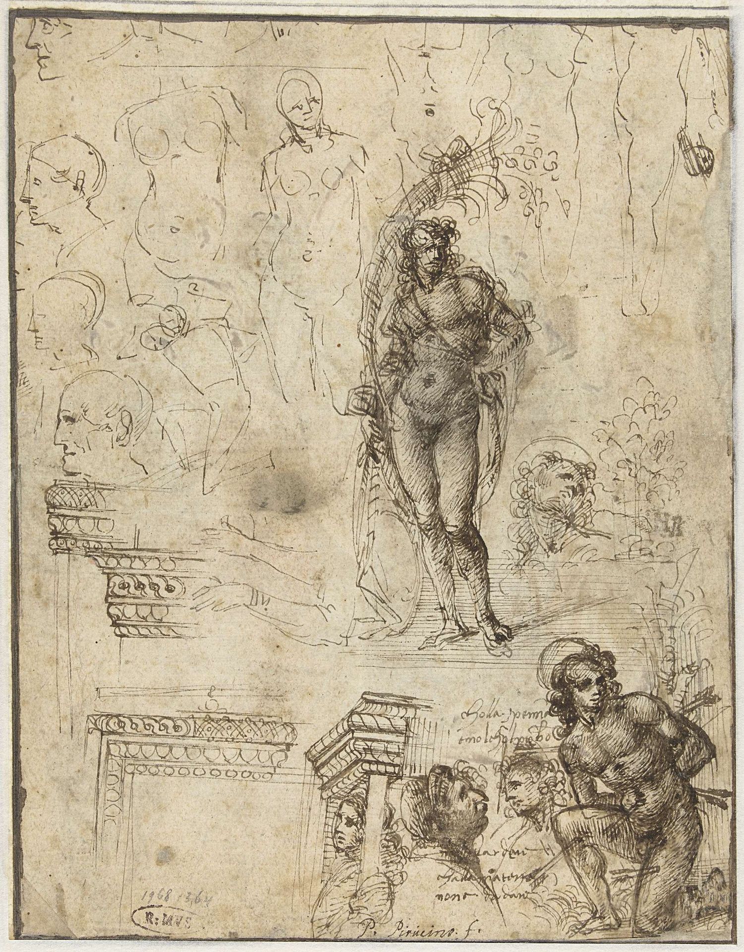 Study Sheet with Heads, Figures and Architectural Fragments by Piero di Cosimo