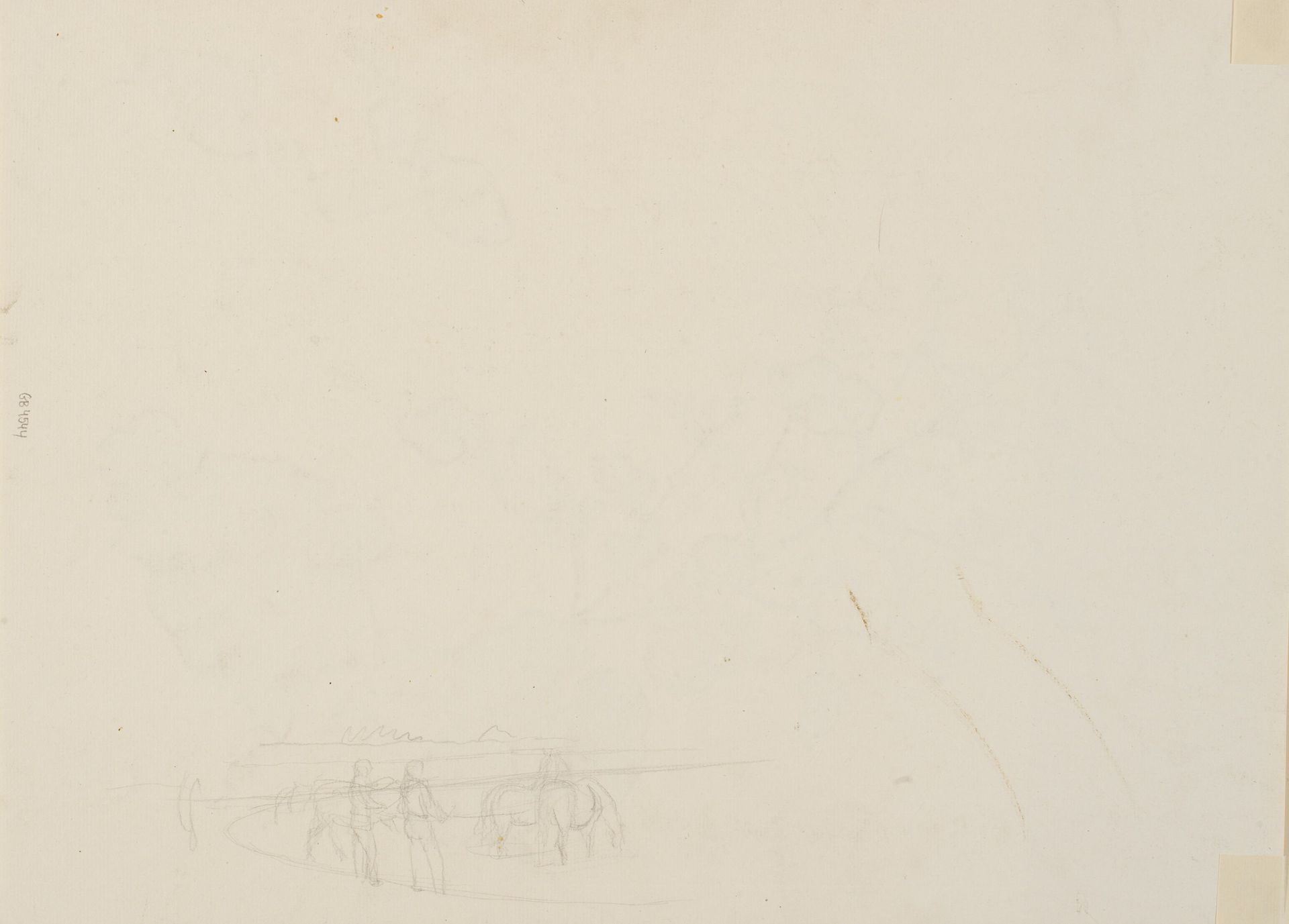 Skitse af to karle med heste, der vandes i et gadekær. by P.C. Skovgaard