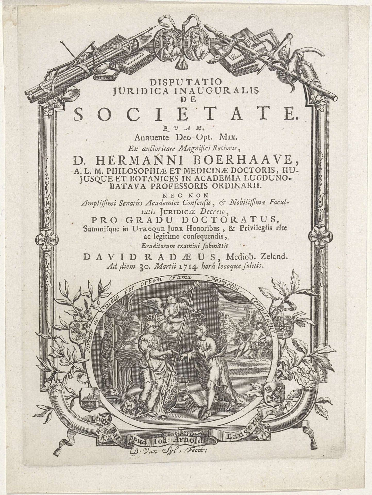 Drukkersmerk van Johan Arnold Langerak in sieromlijsting by B. van Zijl